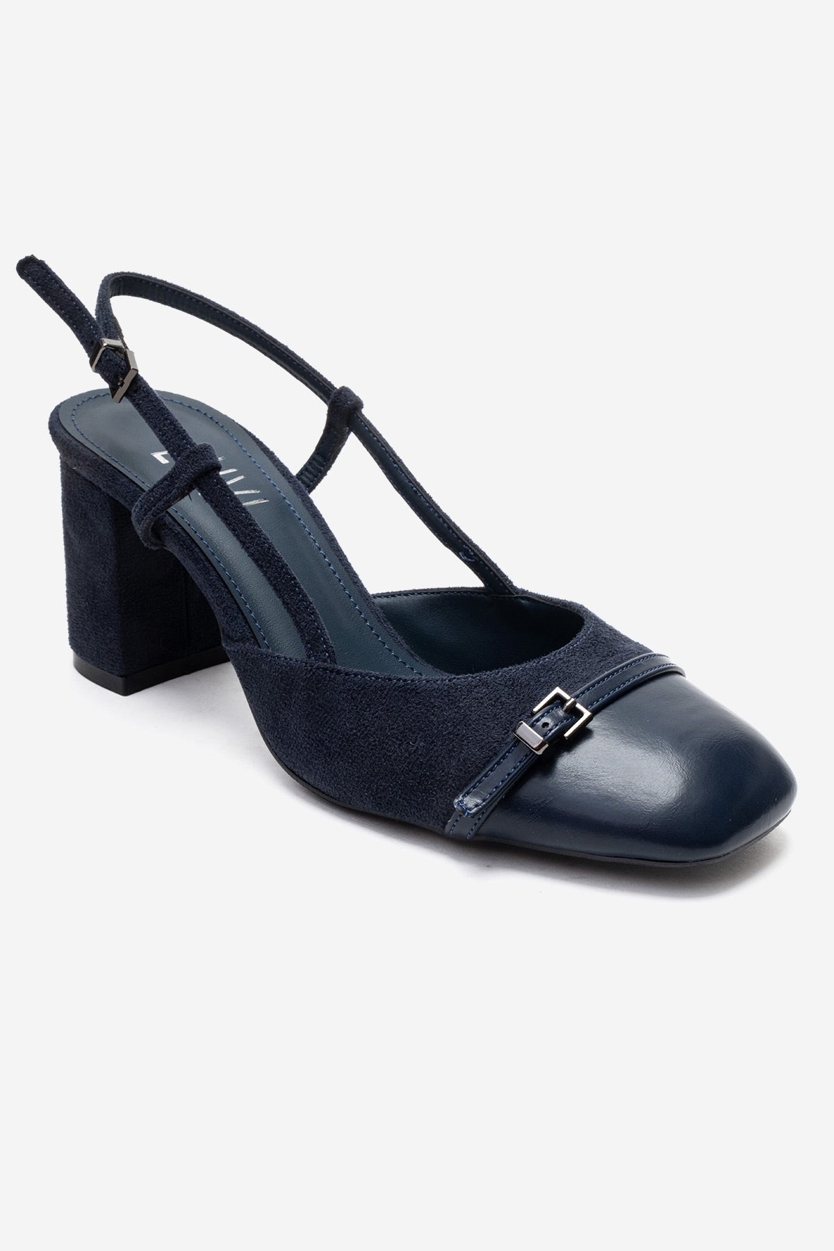 DESIA - Navy Block Heel Shoe – detail view showing leather, suede, Vowalisse