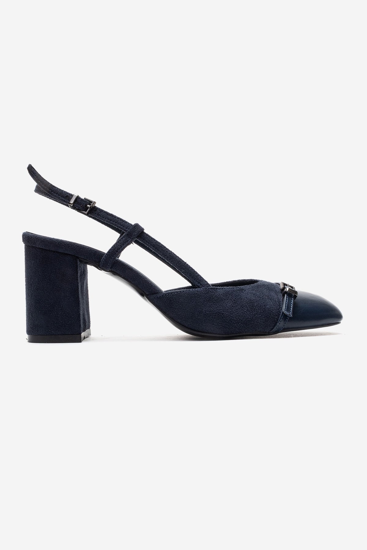 DESIA - Navy Block Heel Shoe – heel view showing leather, suede, Vowalisse