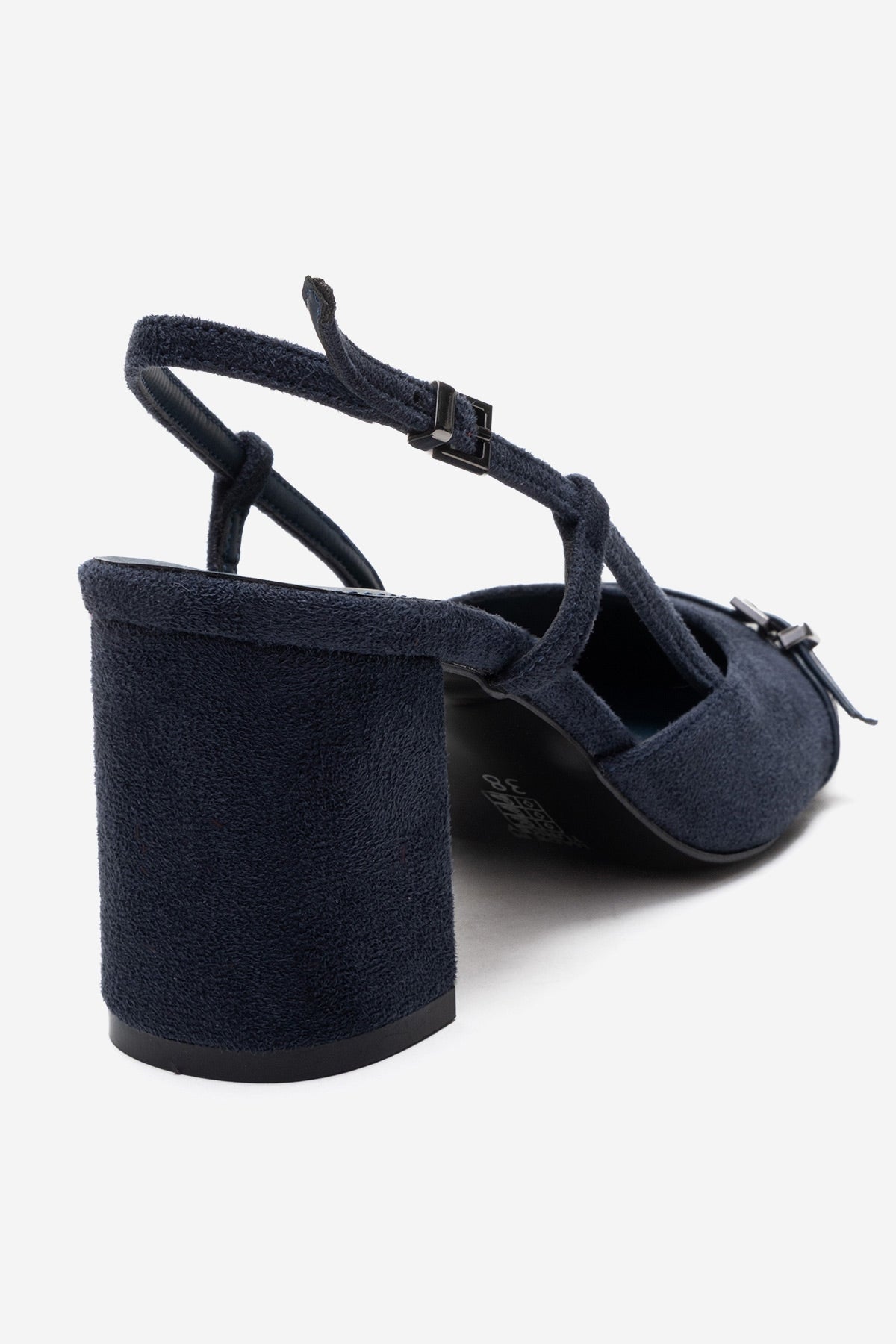 DESIA - Navy Block Heel Shoe – back view showing leather, suede, Vowalisse