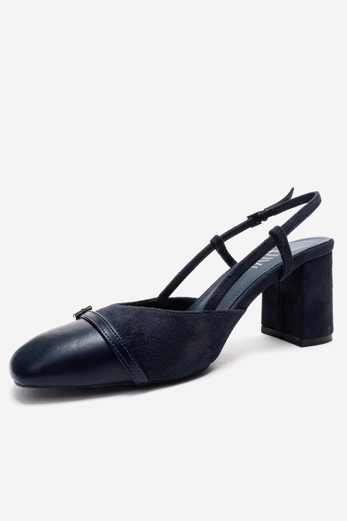 DESIA - Navy Block Heel Shoe – top view showing leather, suede, Vowalisse