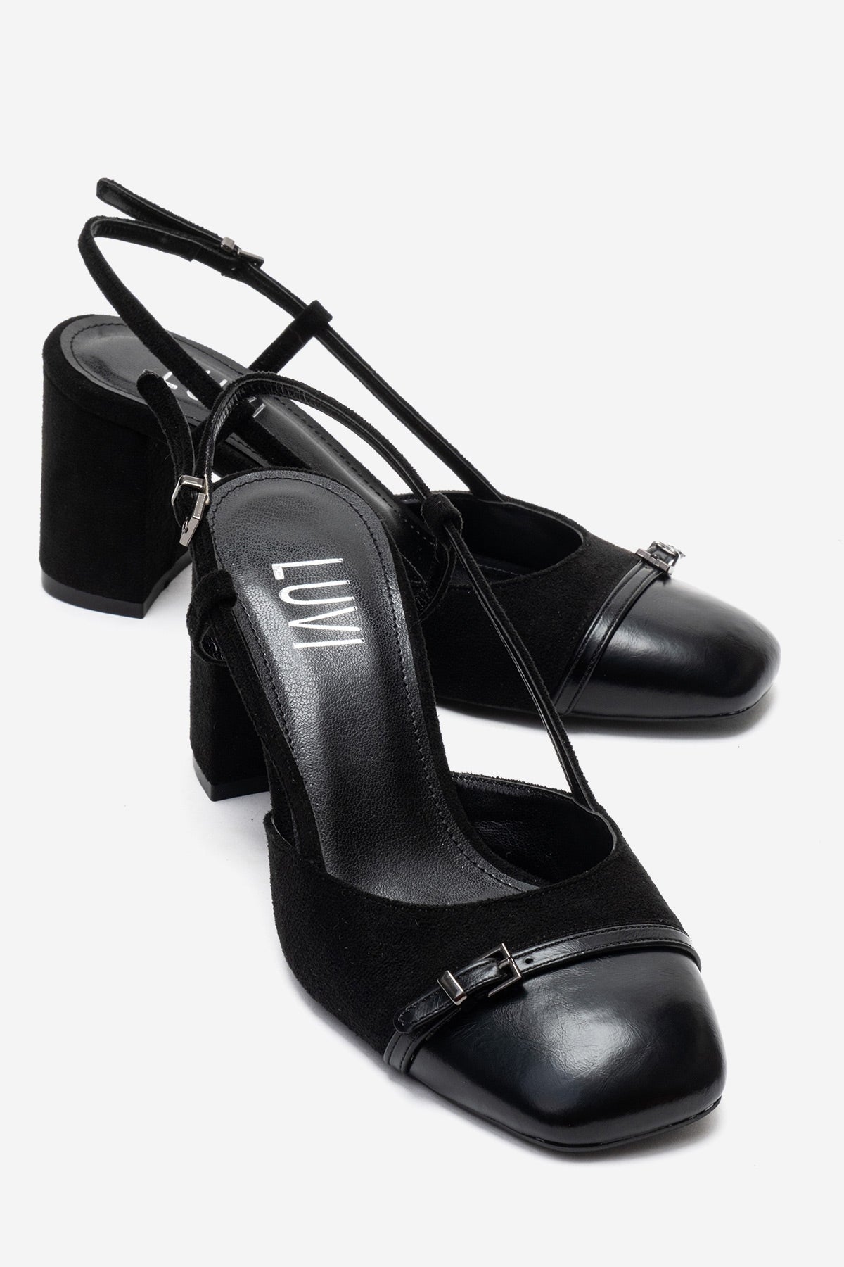 DESIA - Black Block Heel Shoe – front three-quarter view showing leather, suede, black, Vowalisse
