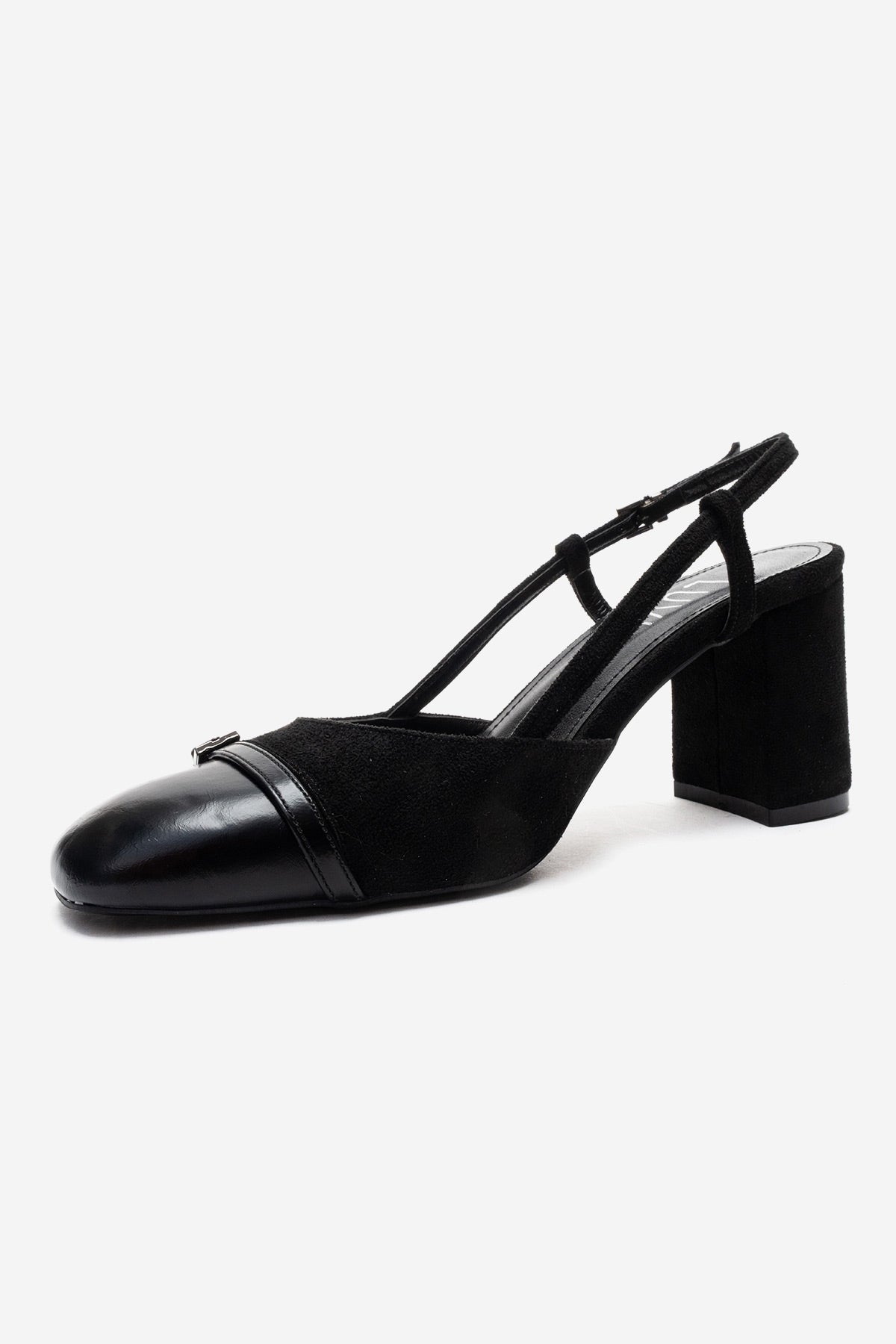 DESIA - Black Block Heel Shoe – top view showing leather, suede, black, Vowalisse