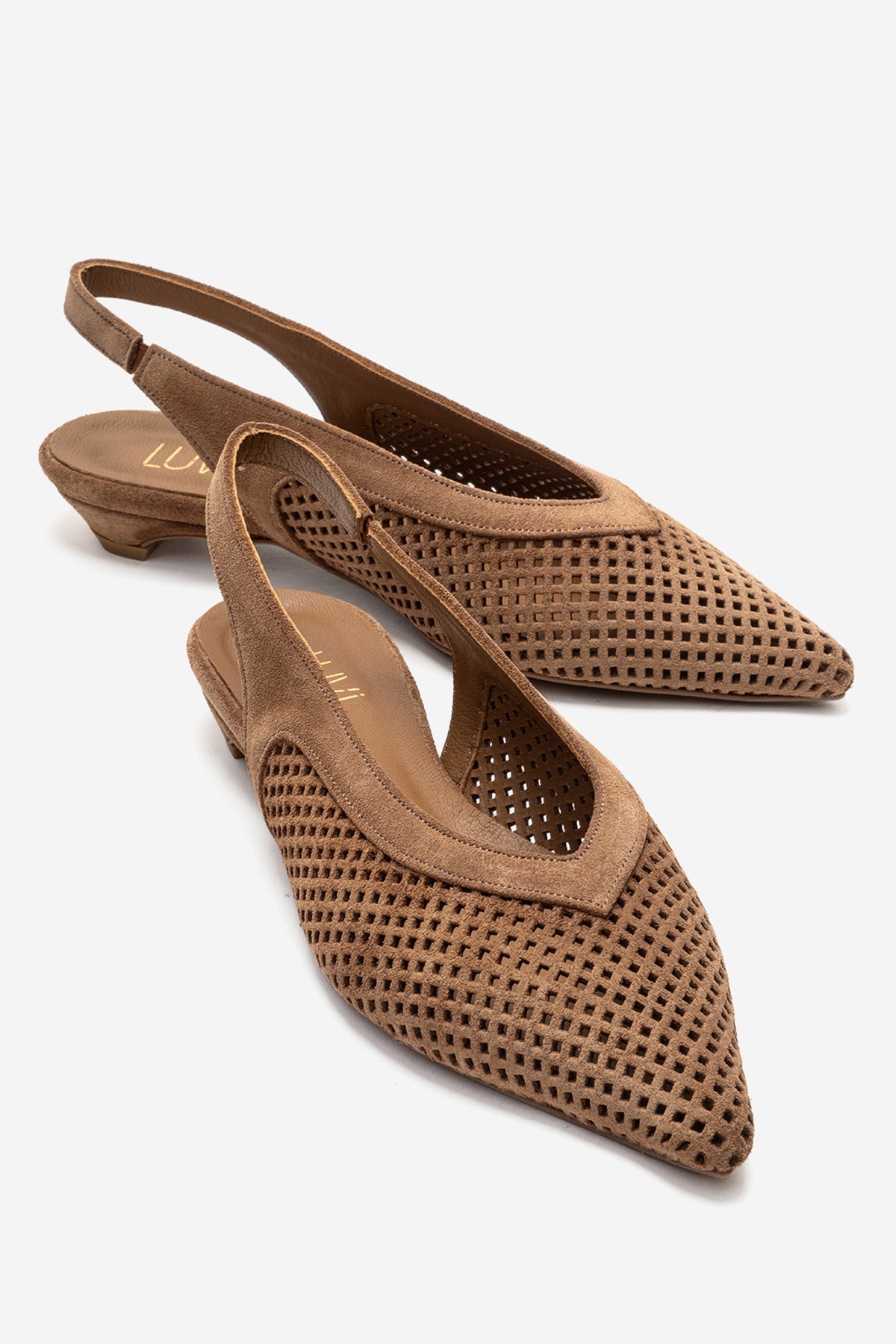 LIEVE - Taupe Genuine Leather Low Block Heel Shoe – front three-quarter view showing leather, suede, Vowalisse