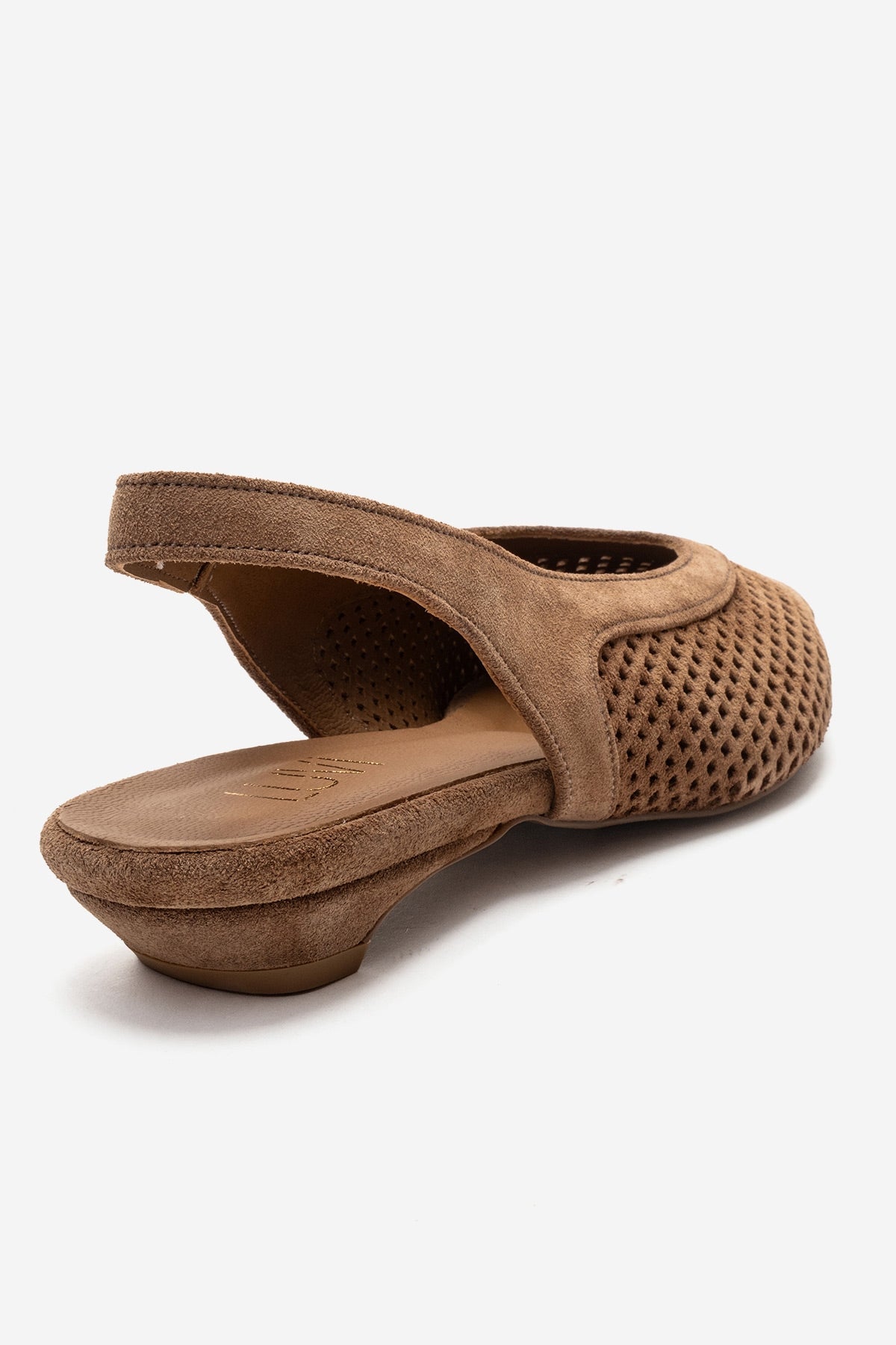 LIEVE - Taupe Genuine Leather Low Block Heel Shoe – back view showing leather, suede, Vowalisse