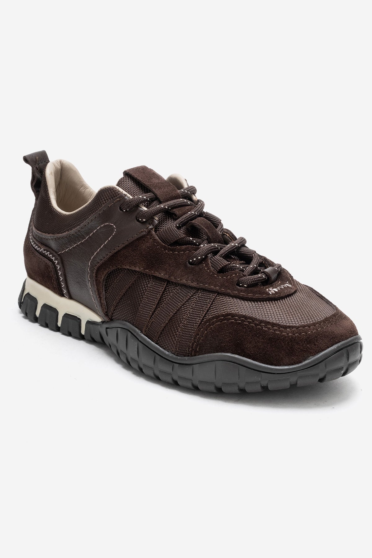 FIERA - Brown Genuine Leather Mesh Sneaker – detail view showing leather, mesh, Vowalisse