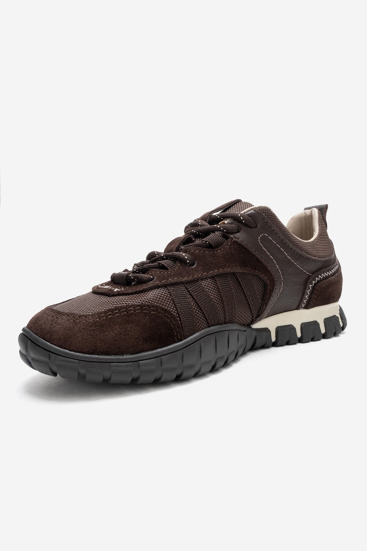 FIERA - Brown Genuine Leather Mesh Sneaker – top view showing leather, mesh, Vowalisse