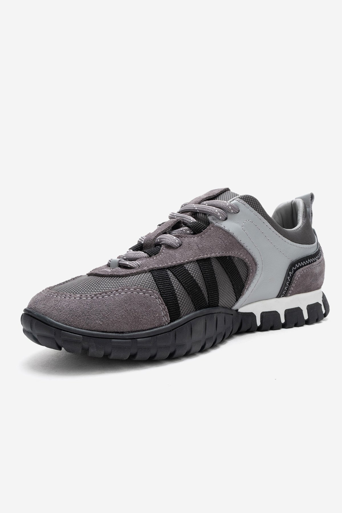 FIERA - Gray Black Genuine Leather Mesh Sneaker – top view showing leather, mesh, black, Vowalisse