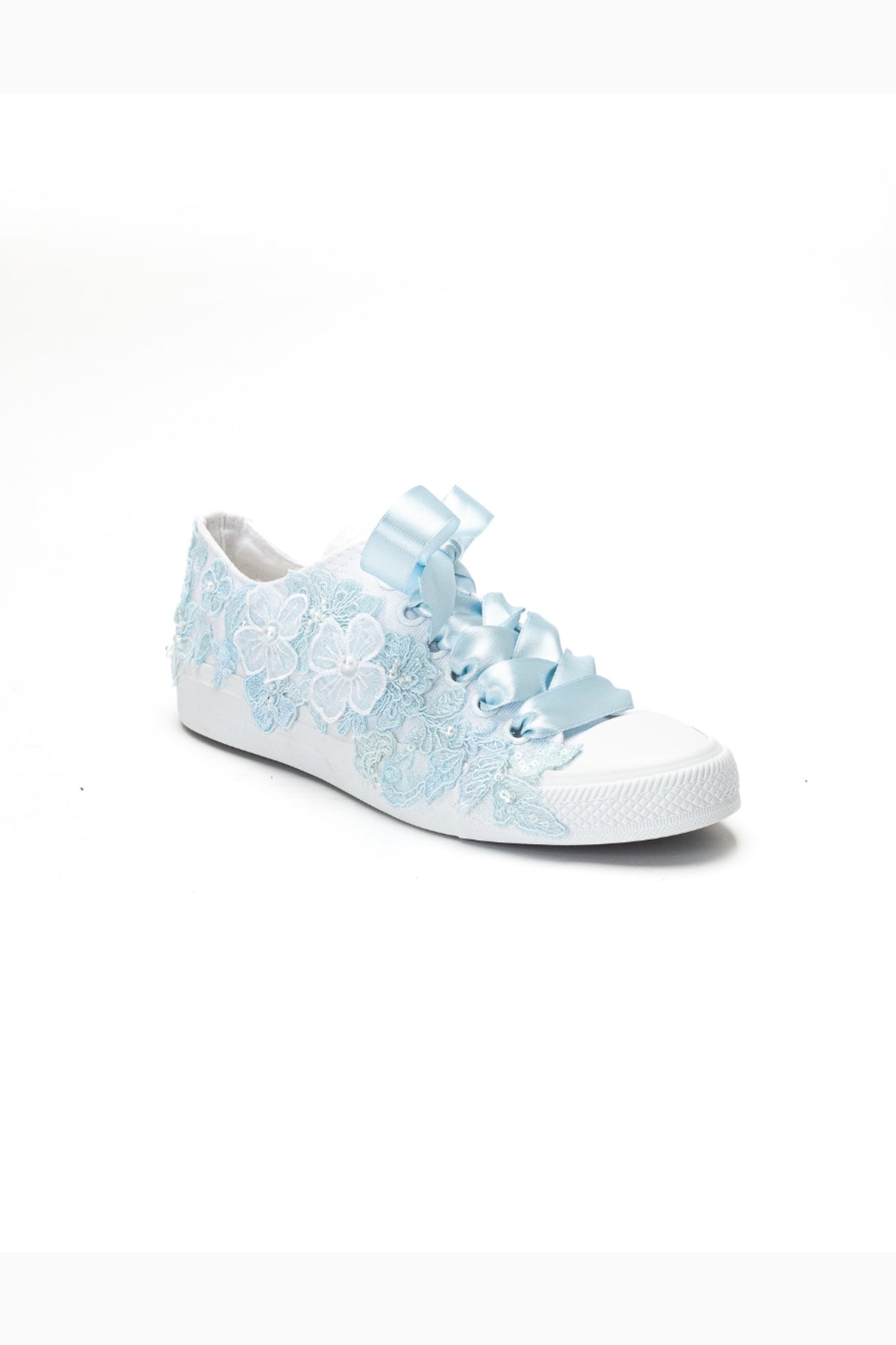 Serenelle Blue Lace Bridal Sneaker – front three-quarter view showing pearl, lace, satin, Vowalisse