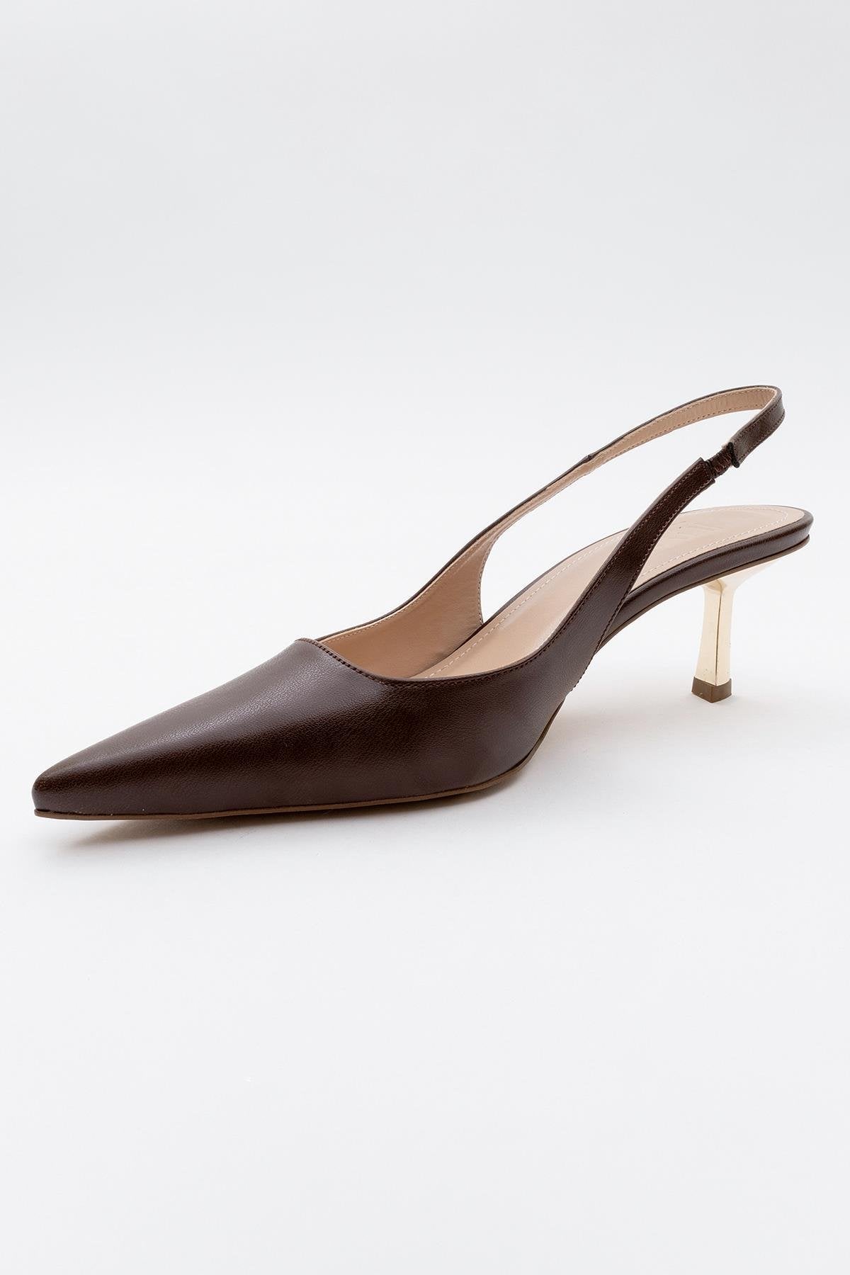Marten - Brown Pointed Toe Backless Stiletto – detail view showing leather, Vowalisse