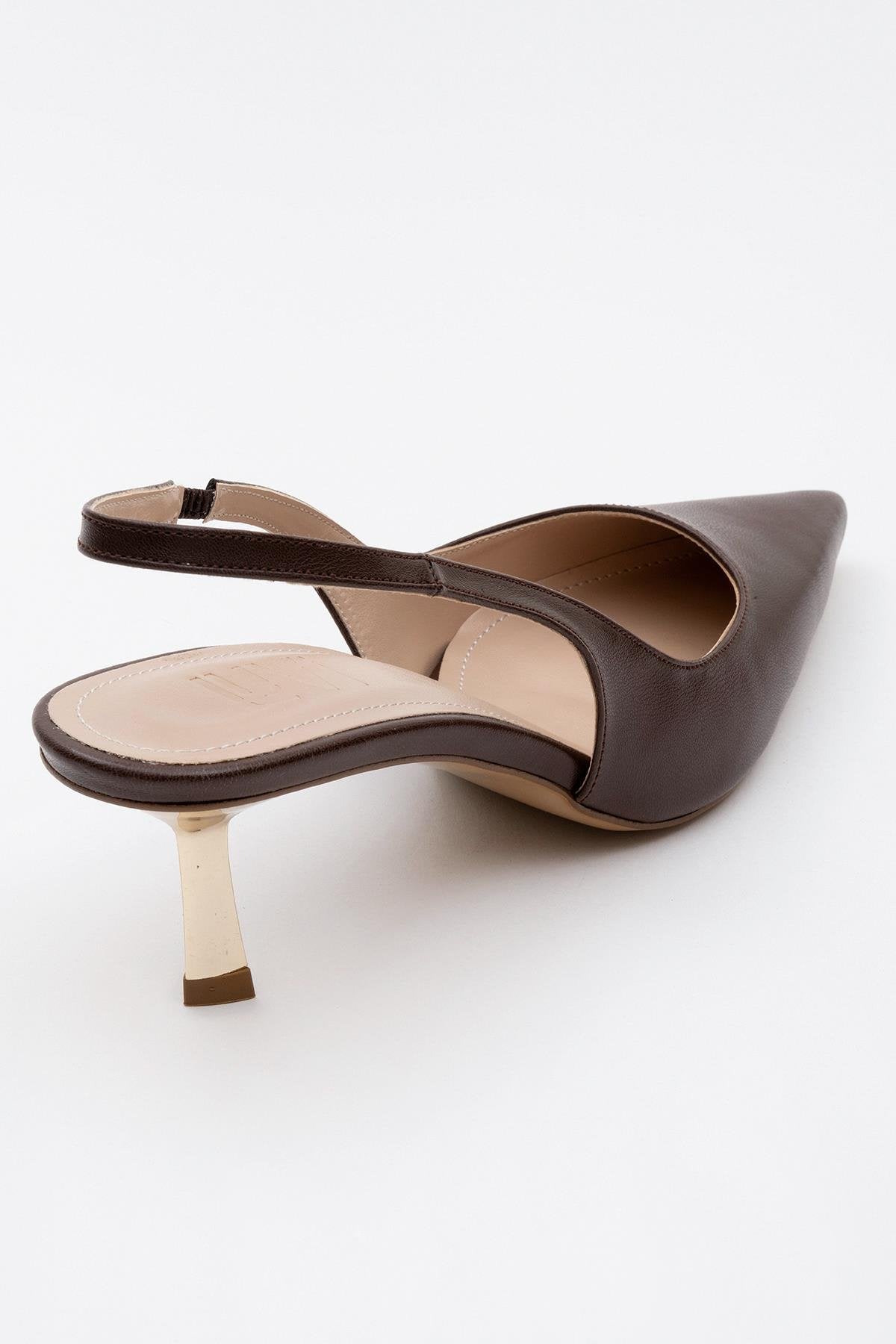 Marten - Brown Pointed Toe Backless Stiletto – heel view showing leather, Vowalisse