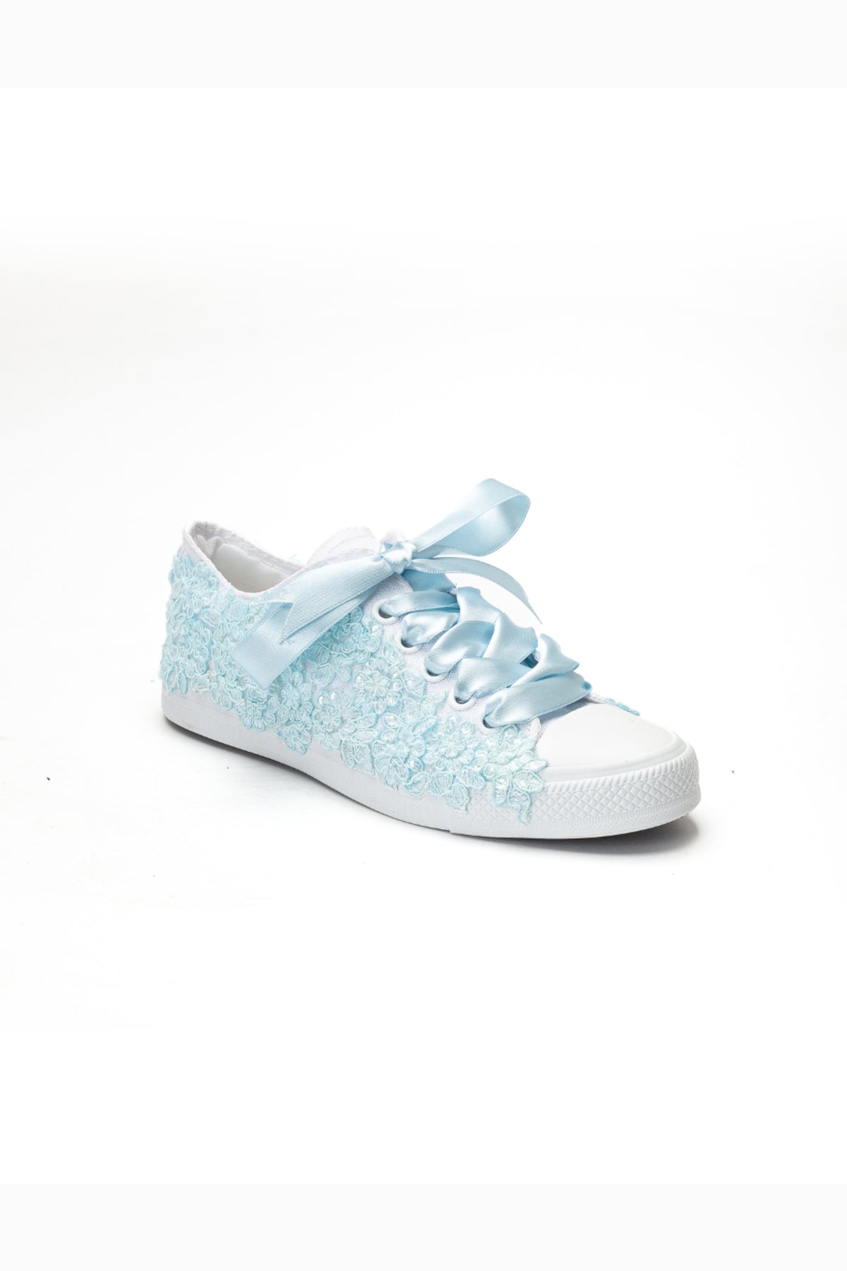 Azure Lace Bloom Bridal Sneaker – front three-quarter view showing lace, satin, white, Vowalisse