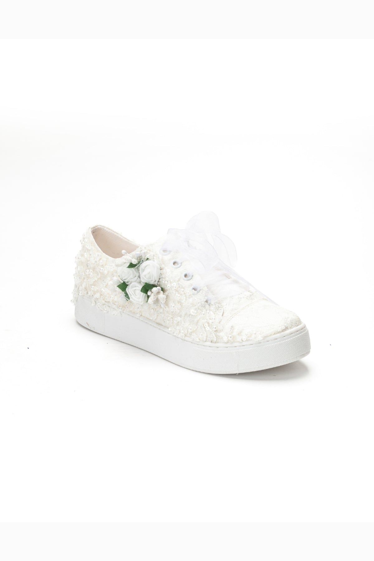 Rosalie Flower Bridal Sneaker – front three-quarter view showing lace, sequin, ivory, Vowalisse