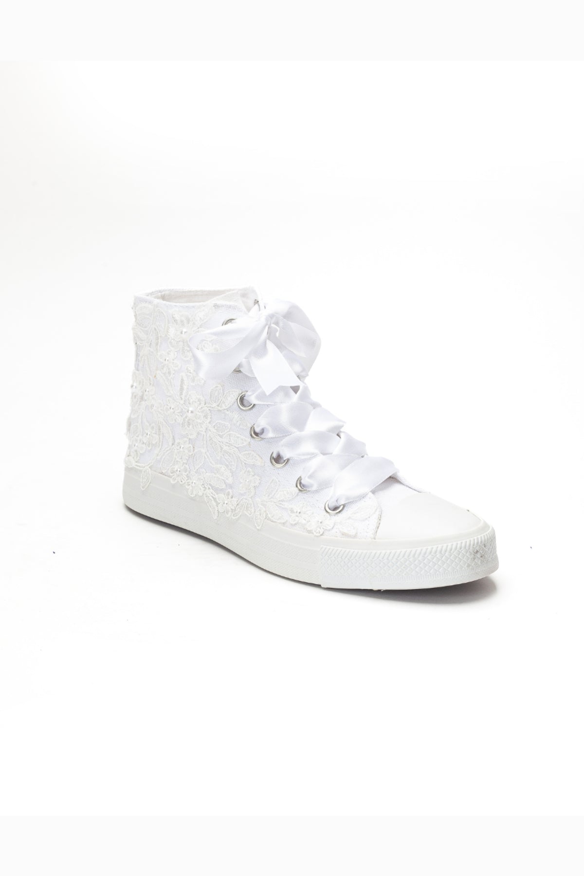 Isolde Lace High-top Bridal Sneaker – front three-quarter view showing pearl, lace, satin, Vowalisse