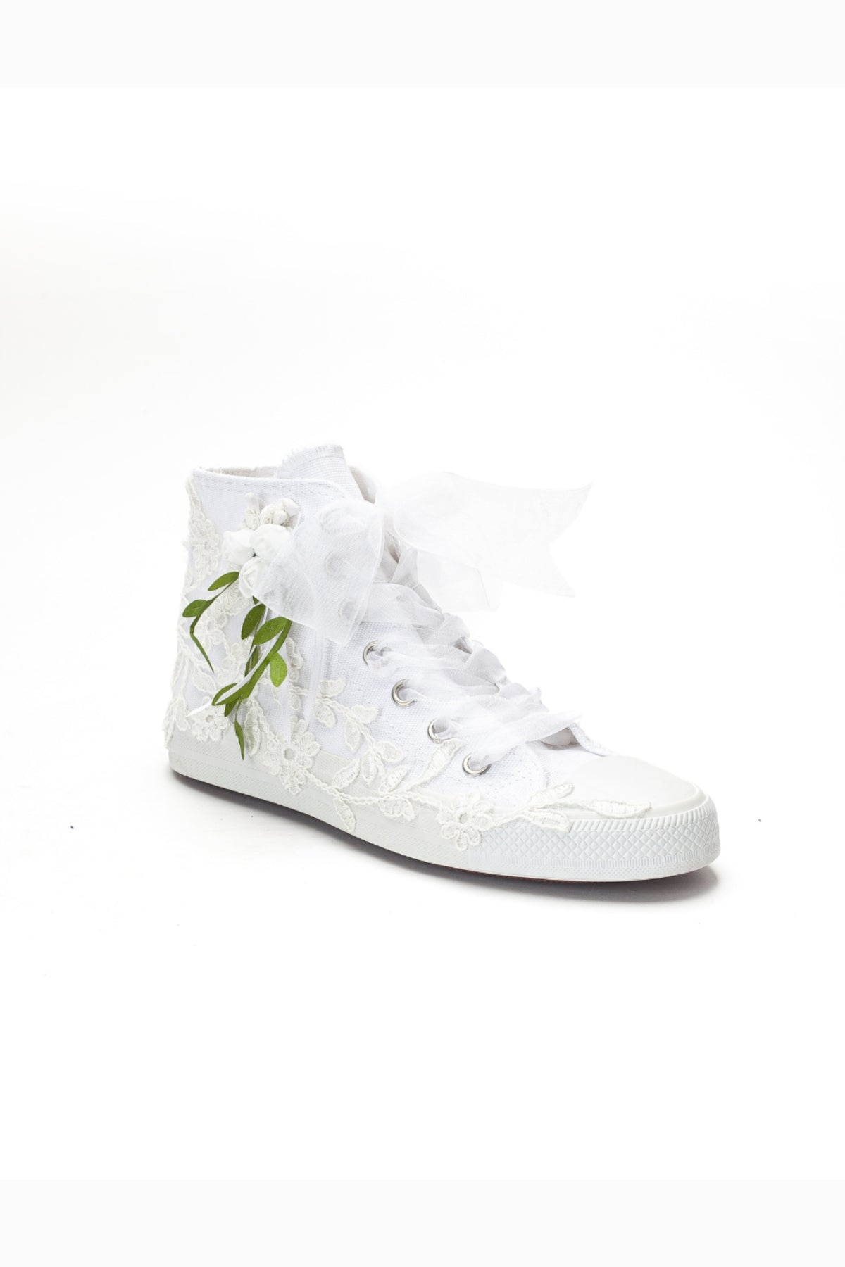 Sylvara Lace With Leaves Bridal High-top Sneaker – front three-quarter view showing lace, red, Vowalisse