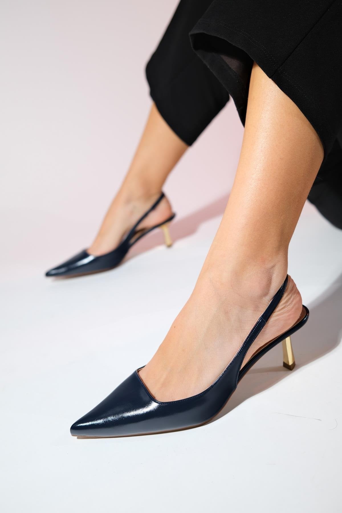 Marten - Navy Pointed Toe Backless Stiletto – front three-quarter view showing leather, Vowalisse