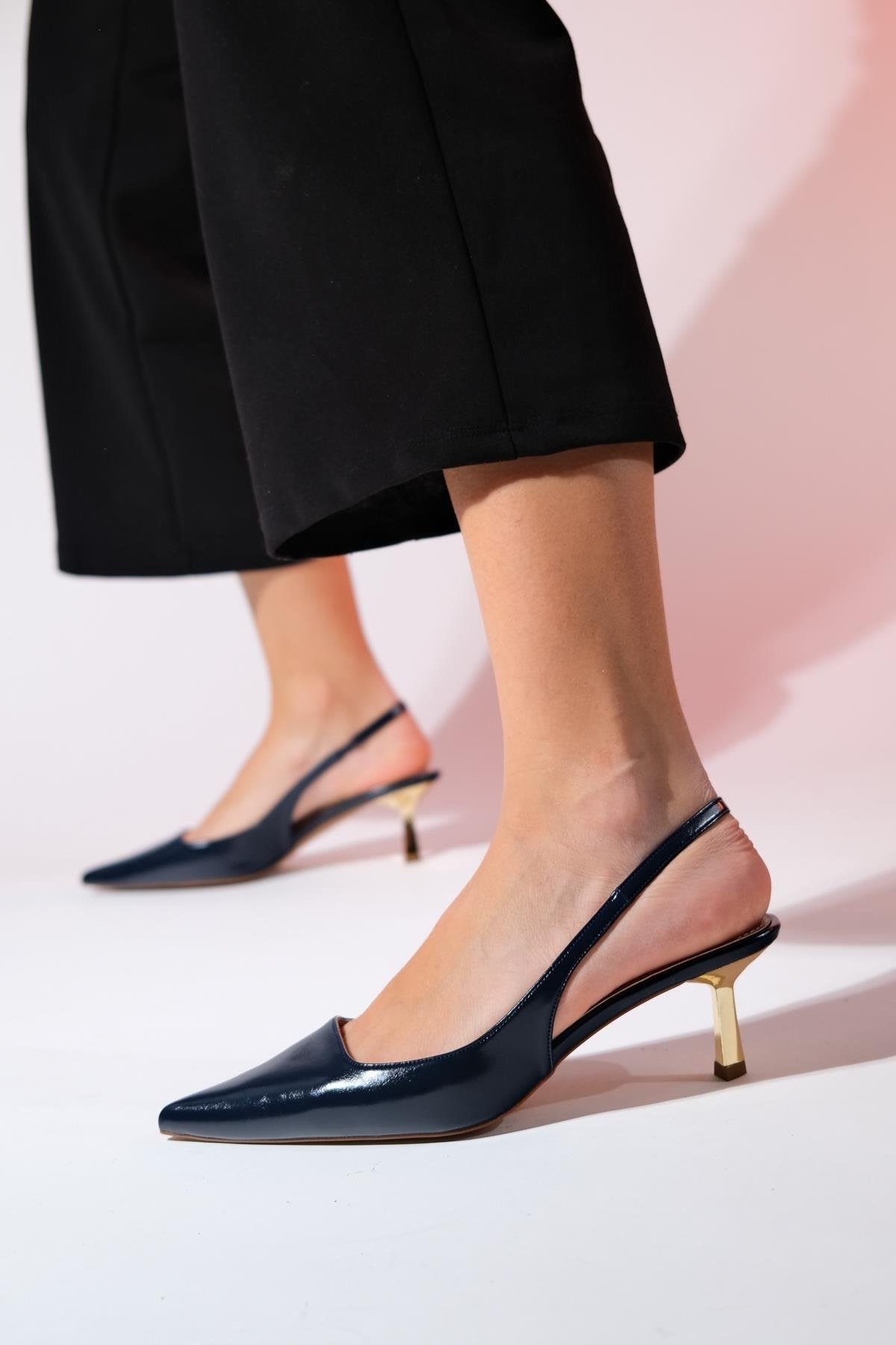 Marten - Navy Pointed Toe Backless Stiletto – side view showing leather, Vowalisse