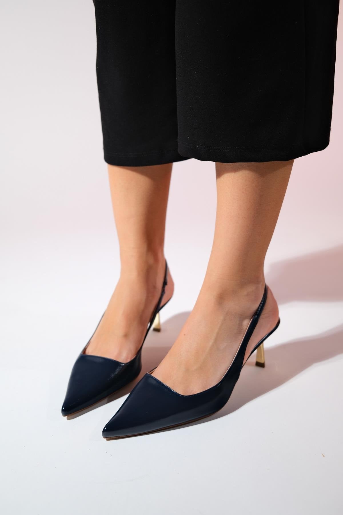 Marten - Navy Pointed Toe Backless Stiletto – detail view showing leather, Vowalisse