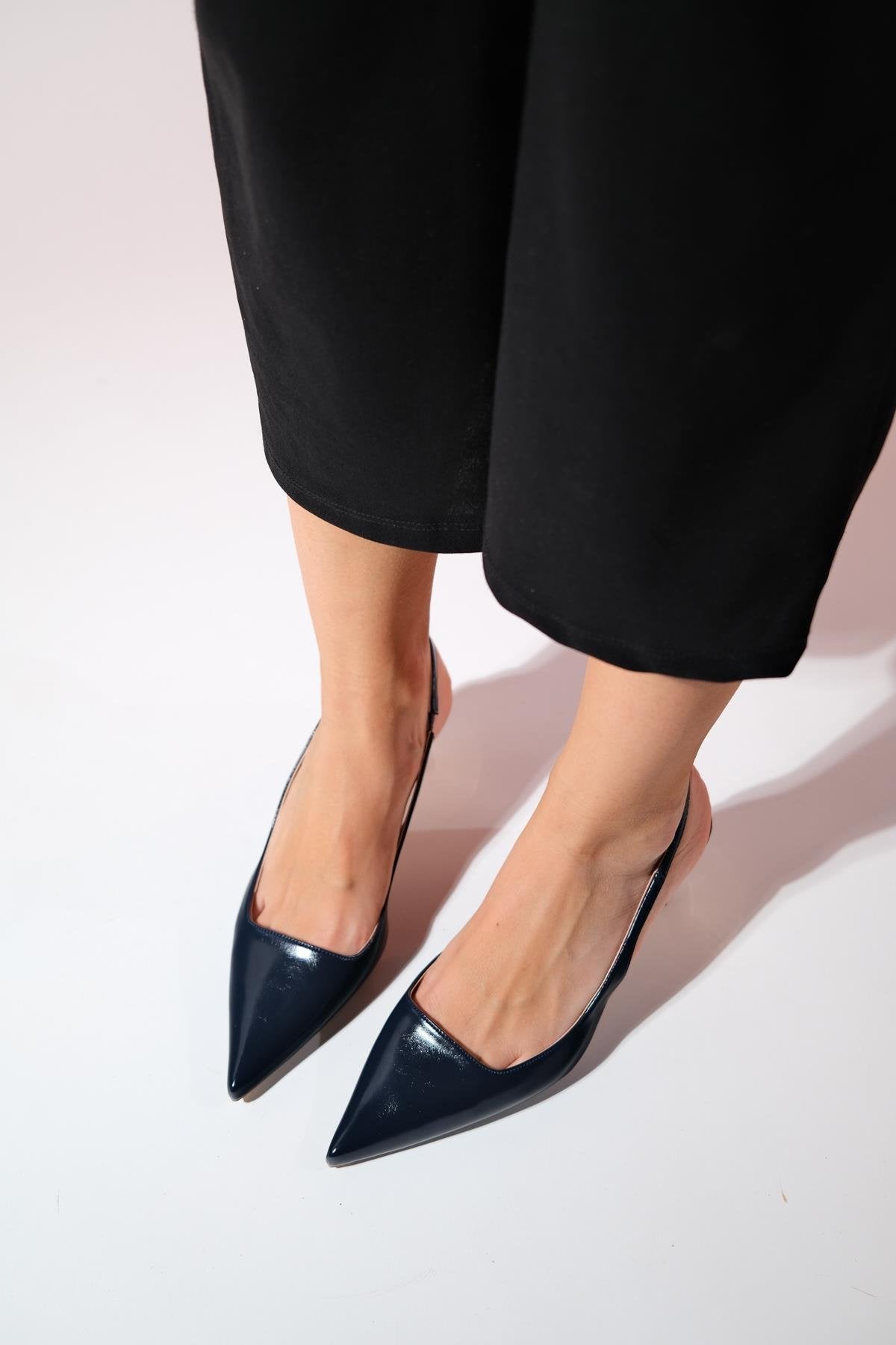 Marten - Navy Pointed Toe Backless Stiletto – back view showing leather, Vowalisse