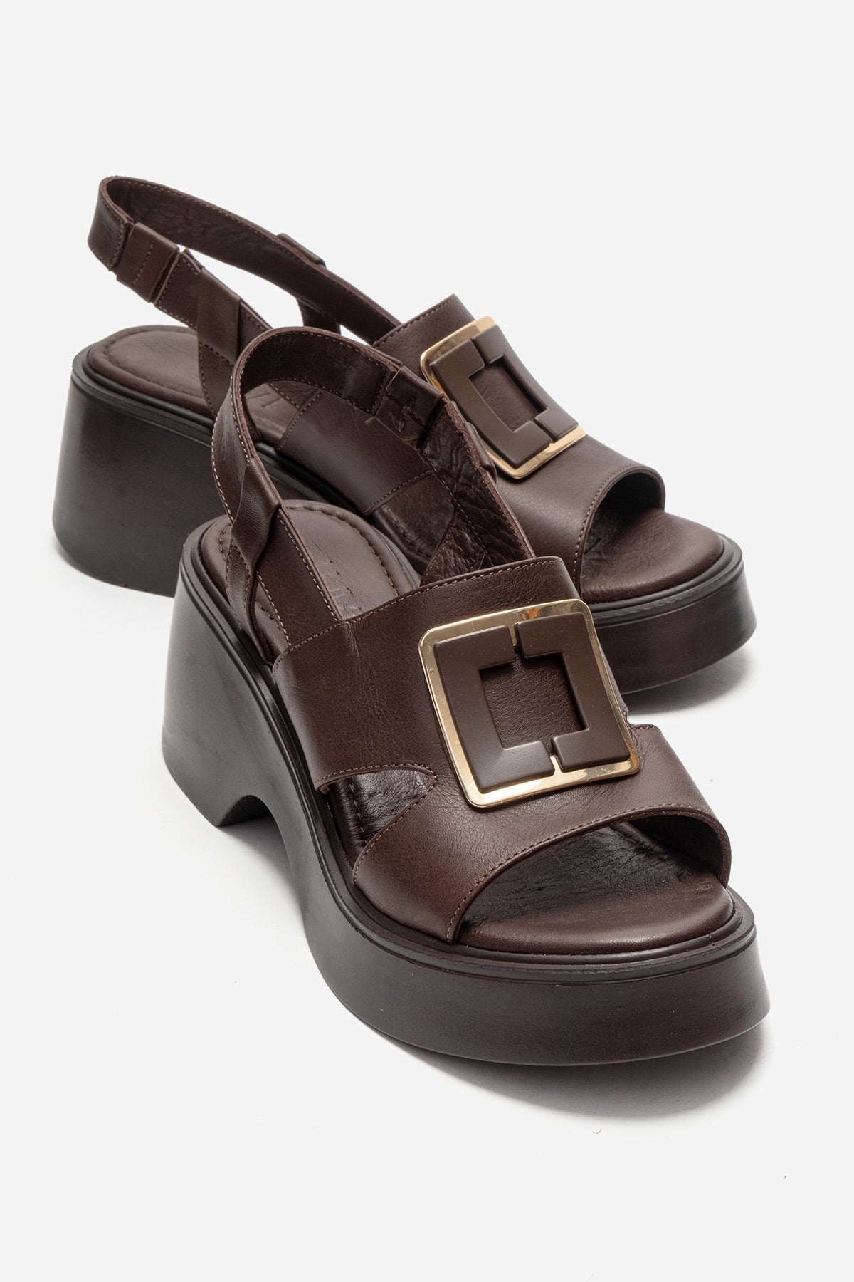 Lucia - Brown Buckle Genuine Leather Wedge Heel Sandal – front three-quarter view showing leather, Vowalisse