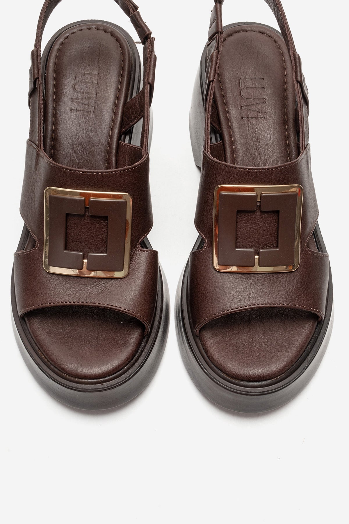 Lucia - Brown Buckle Genuine Leather Wedge Heel Sandal – side view showing leather, Vowalisse