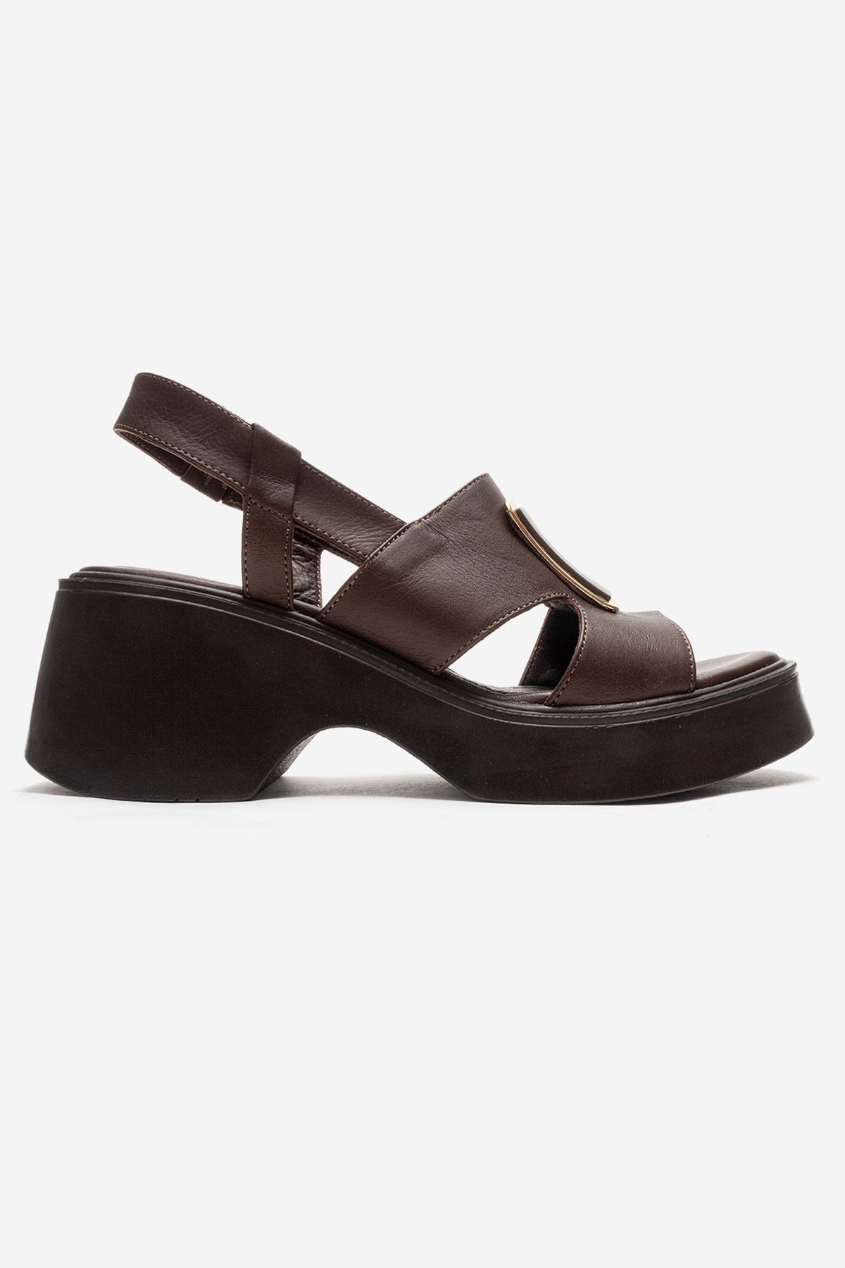 Lucia - Brown Buckle Genuine Leather Wedge Heel Sandal – heel view showing leather, Vowalisse
