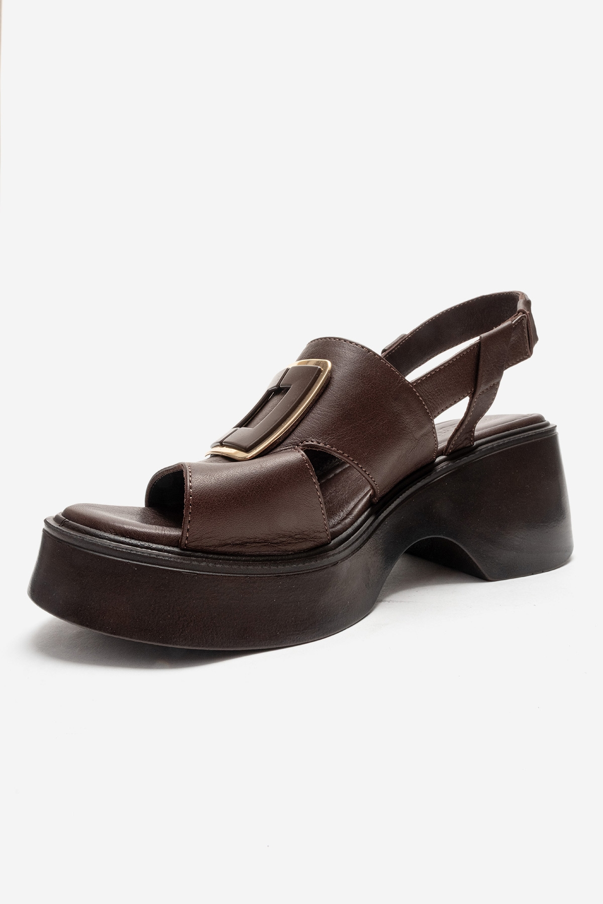 Lucia - Brown Buckle Genuine Leather Wedge Heel Sandal – top view showing leather, Vowalisse