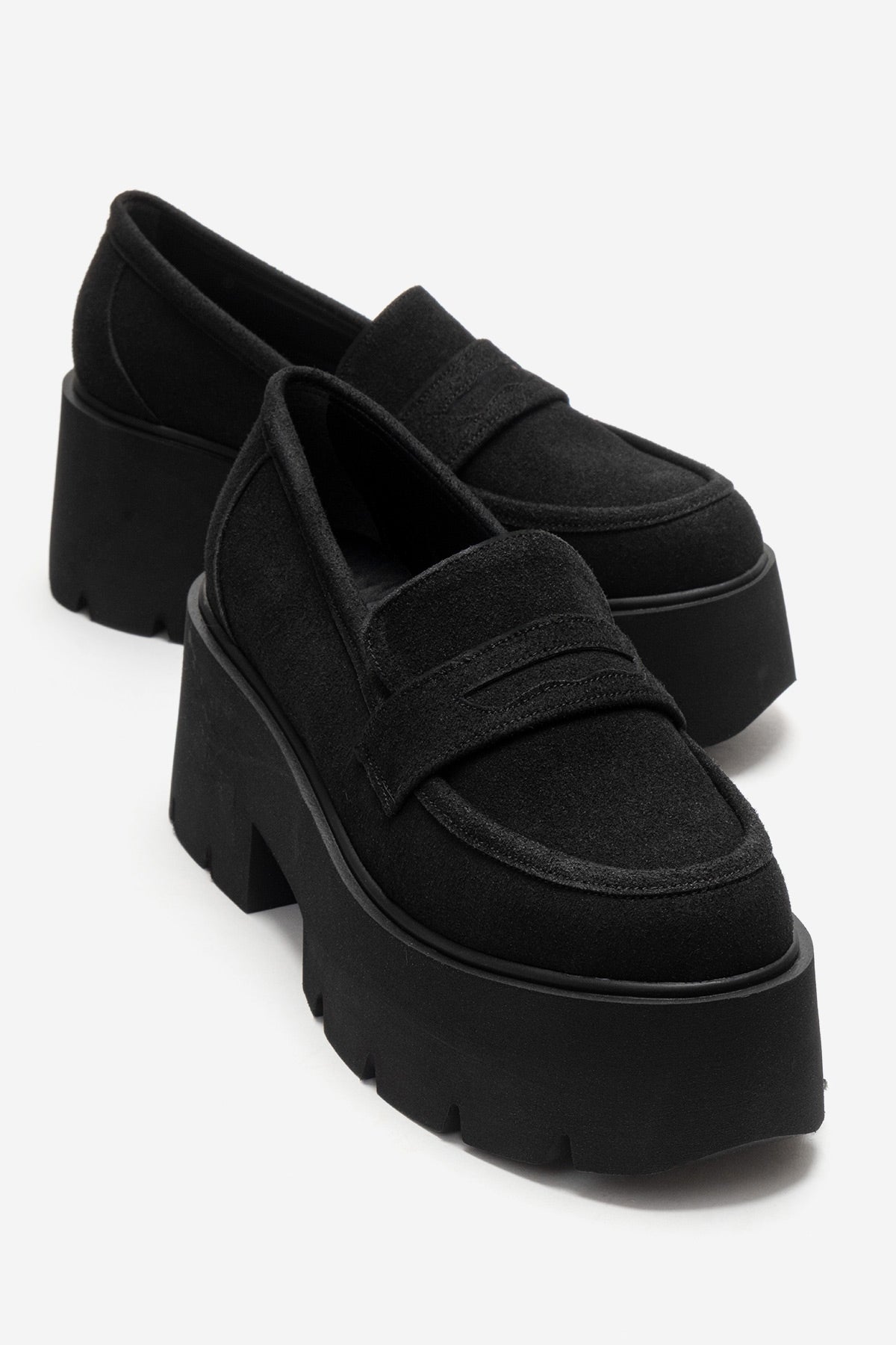 Santia - Black Suede Thick Platform Loafer – front three-quarter view showing leather, suede, black, Vowalisse