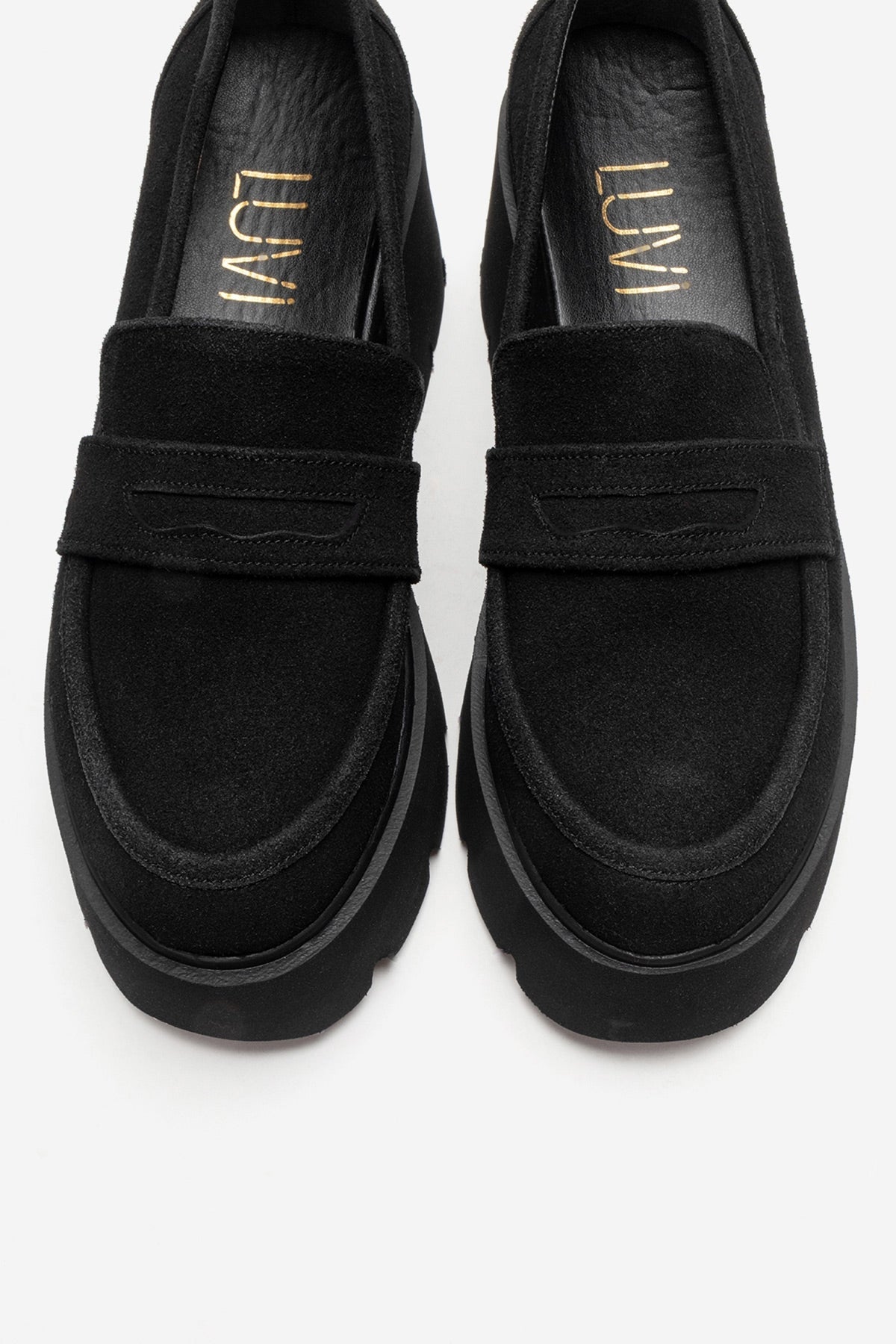 Santia - Black Suede Thick Platform Loafer – side view showing leather, suede, black, Vowalisse