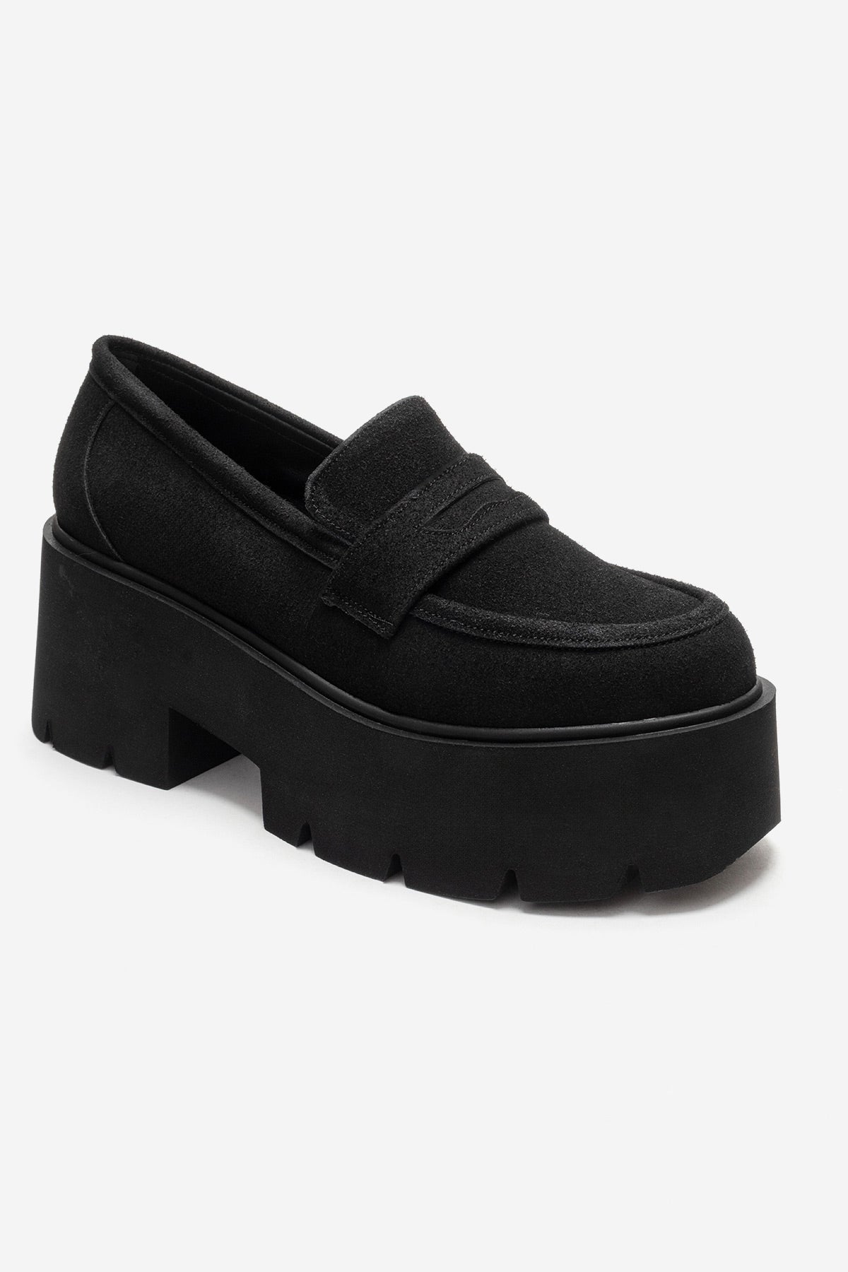 Santia - Black Suede Thick Platform Loafer – detail view showing leather, suede, black, Vowalisse