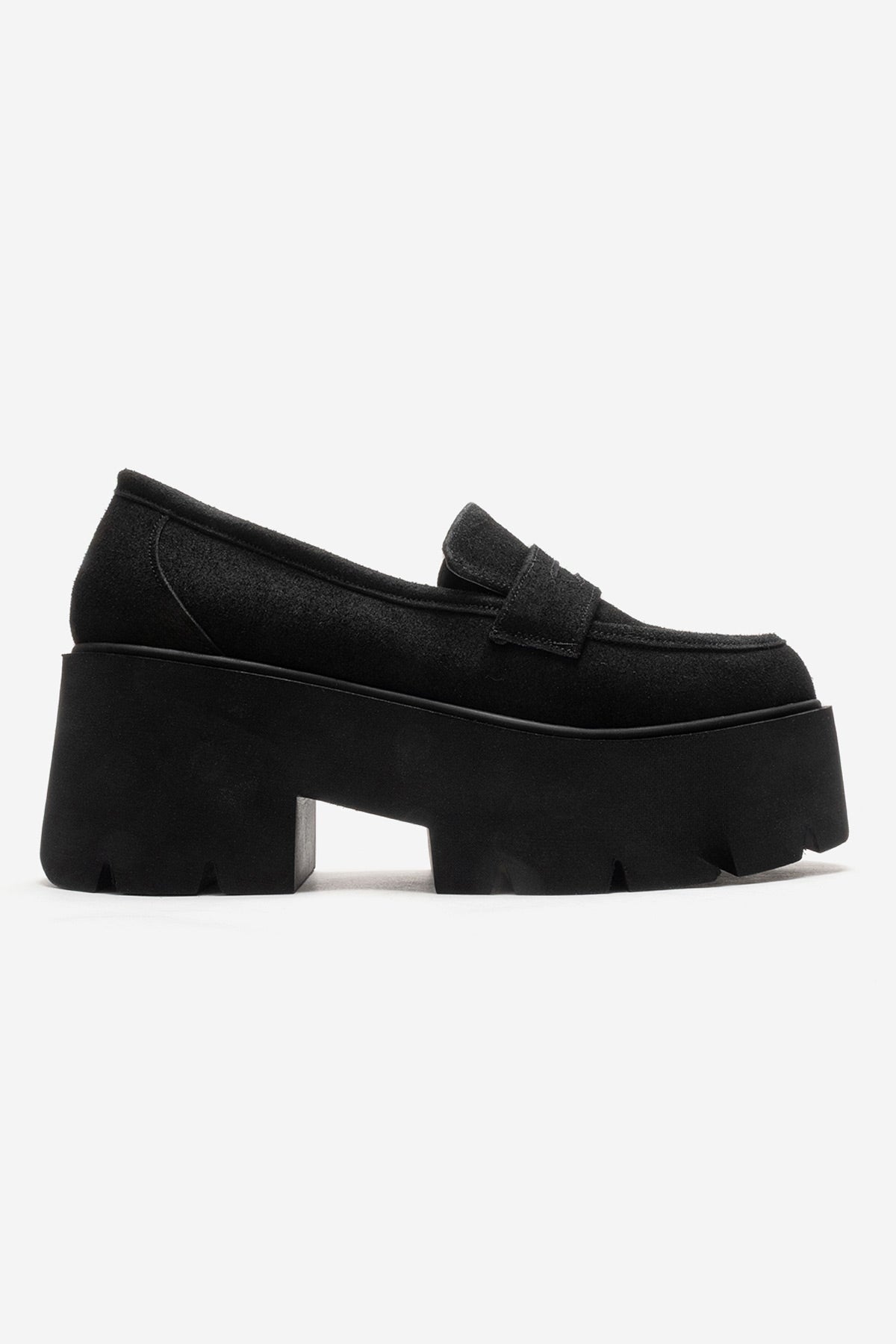 Santia - Black Suede Thick Platform Loafer – heel view showing leather, suede, black, Vowalisse