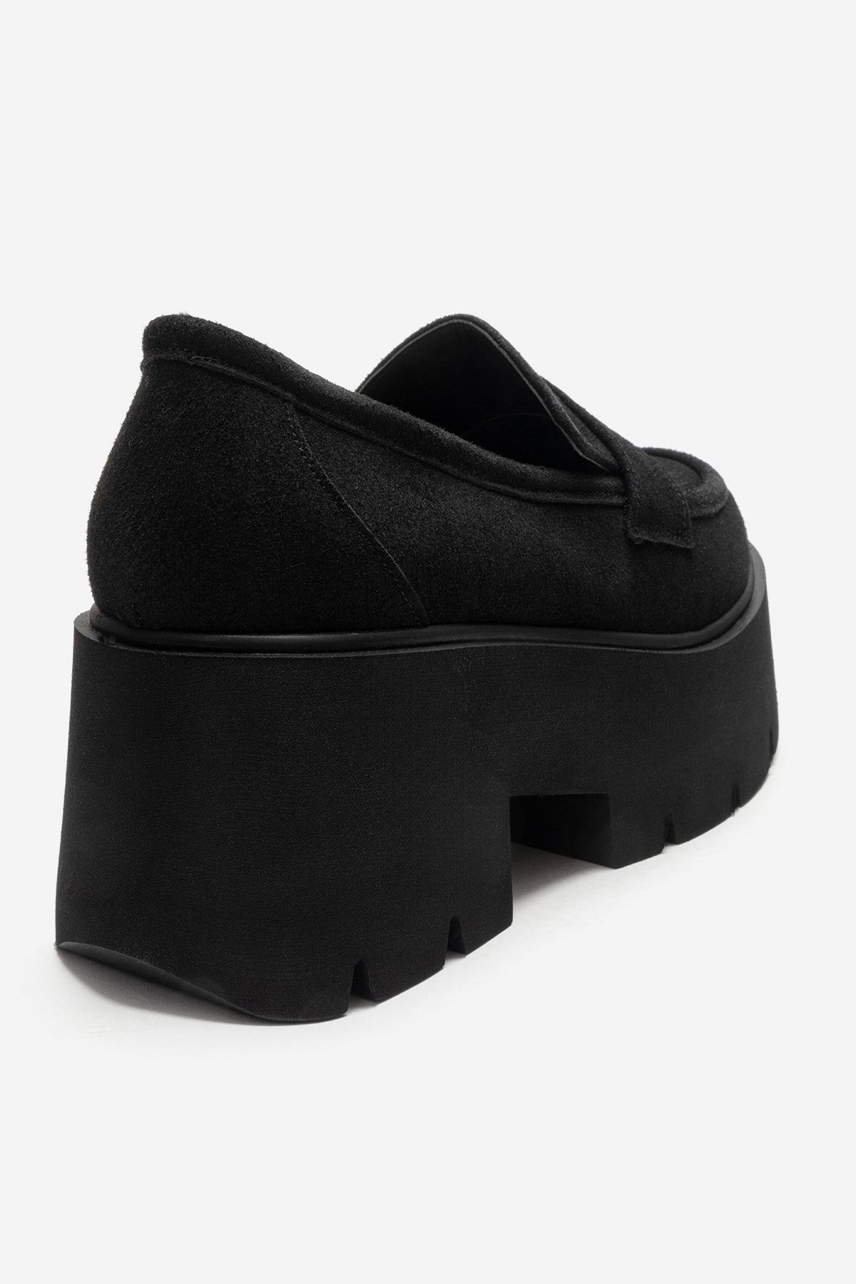 Santia - Black Suede Thick Platform Loafer – back view showing leather, suede, black, Vowalisse