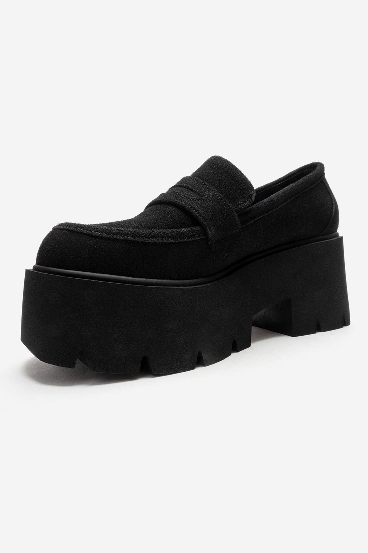 Santia - Black Suede Thick Platform Loafer – top view showing leather, suede, black, Vowalisse