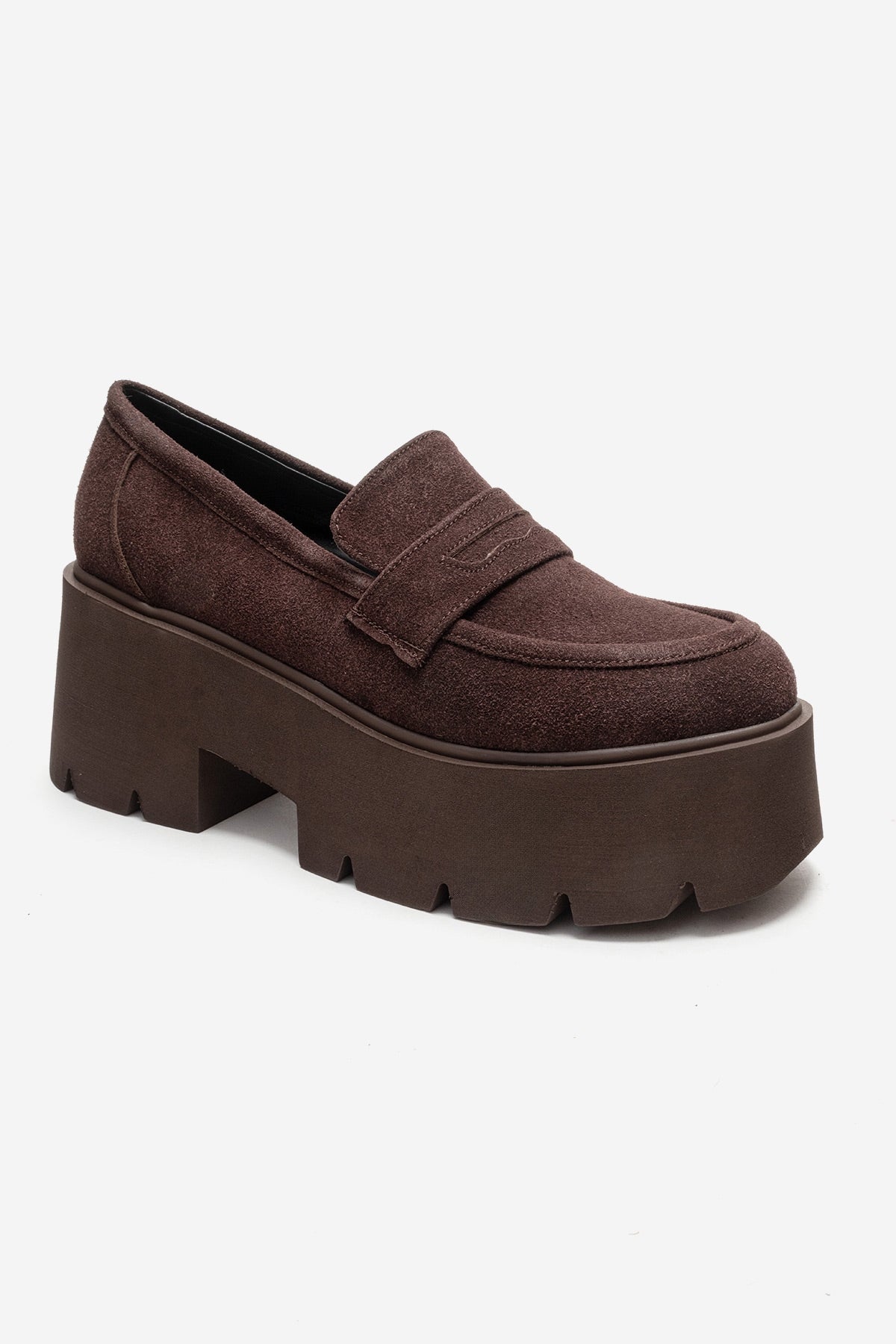 SANTIA - Brown Chunky Platform Loafer – detail view showing leather, red, Vowalisse