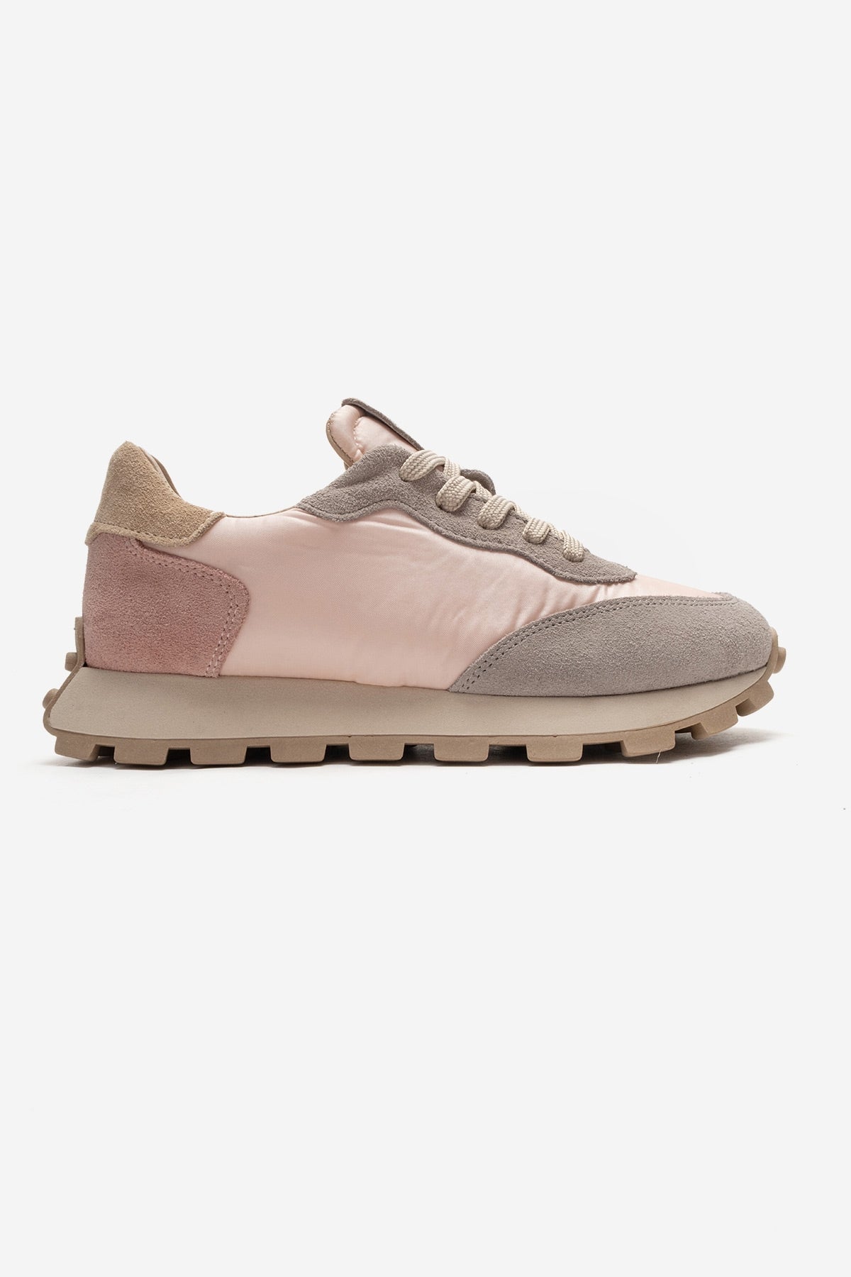 AMANDA - Gray Pink Genuine Leather Sneaker – heel view showing leather, pink, Vowalisse