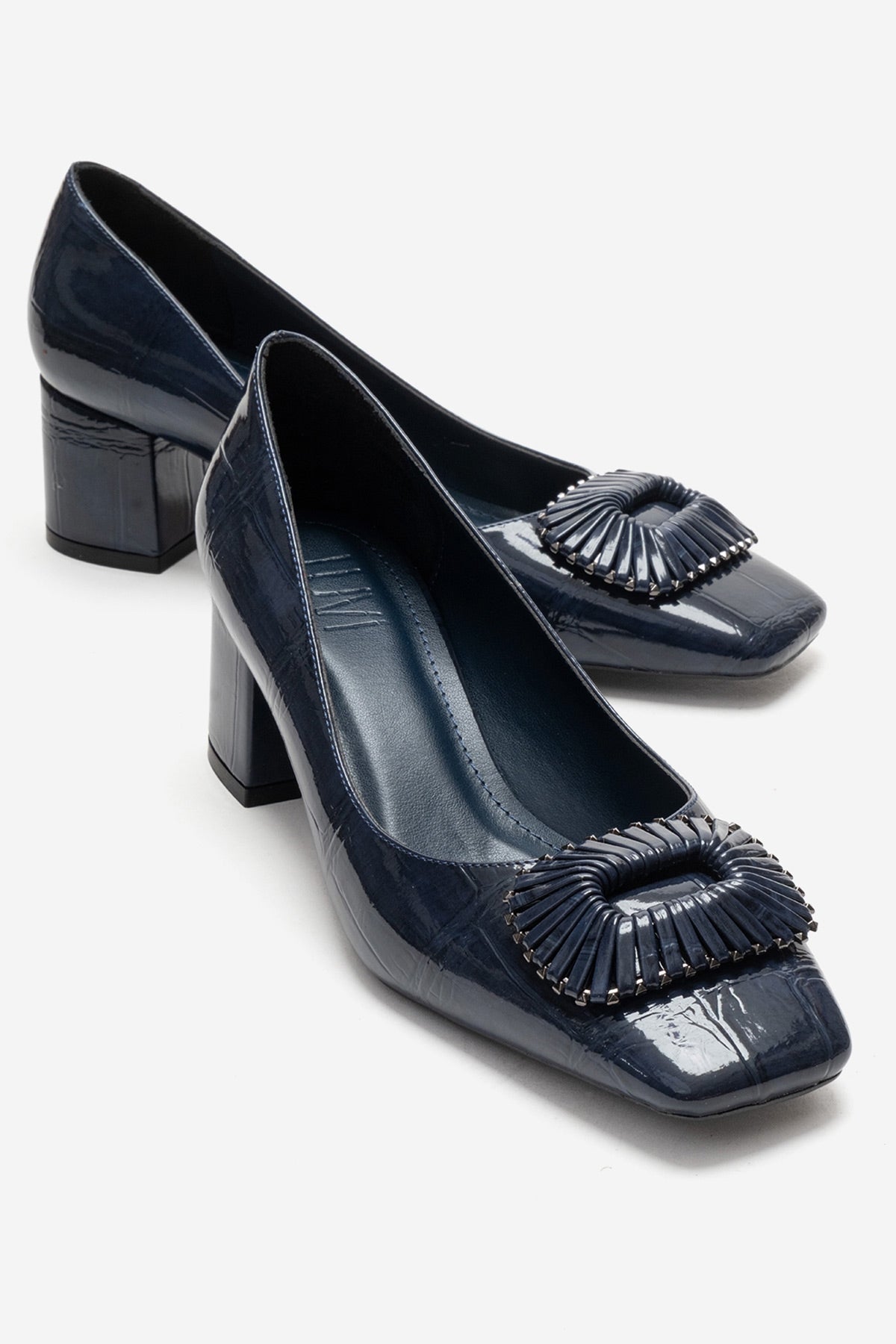 VELORA - Navy Buckled Block Heel Shoe – front three-quarter view showing leather, Vowalisse