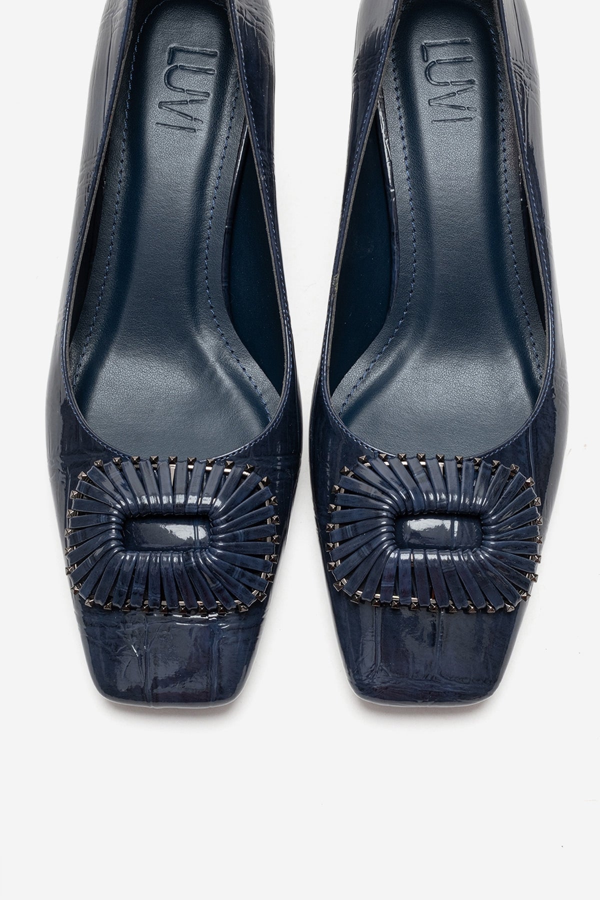 VELORA - Navy Buckled Block Heel Shoe – side view showing leather, Vowalisse