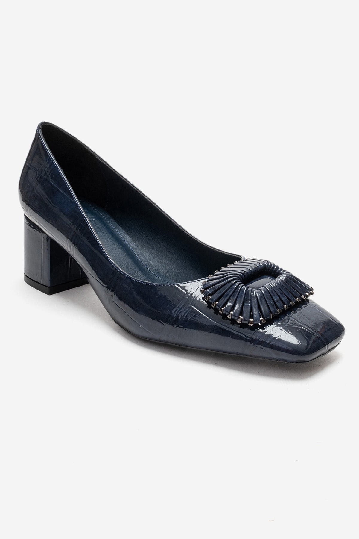 VELORA - Navy Buckled Block Heel Shoe – detail view showing leather, Vowalisse