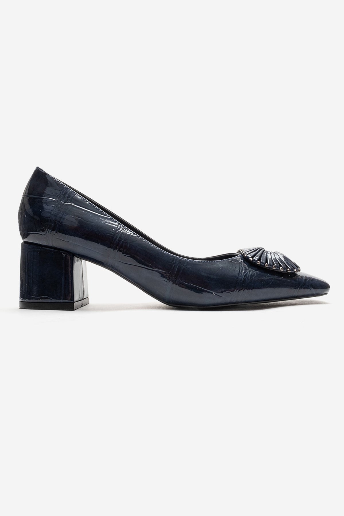 VELORA - Navy Buckled Block Heel Shoe – heel view showing leather, Vowalisse