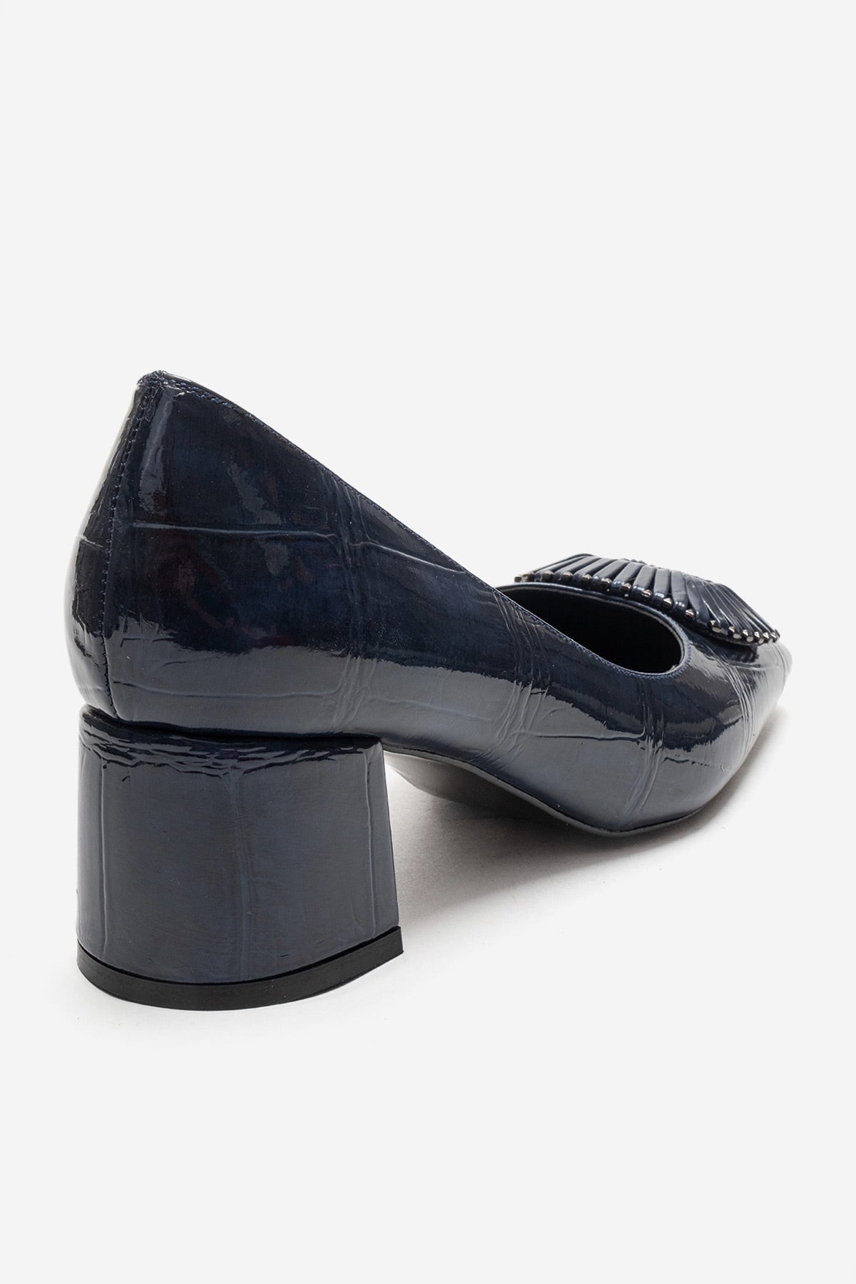 VELORA - Navy Buckled Block Heel Shoe – back view showing leather, Vowalisse