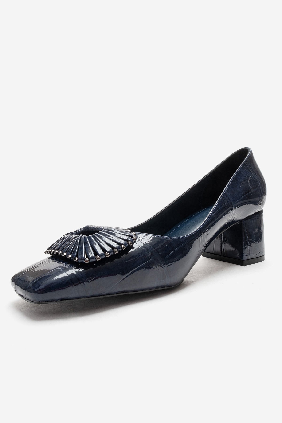 VELORA - Navy Buckled Block Heel Shoe – top view showing leather, Vowalisse