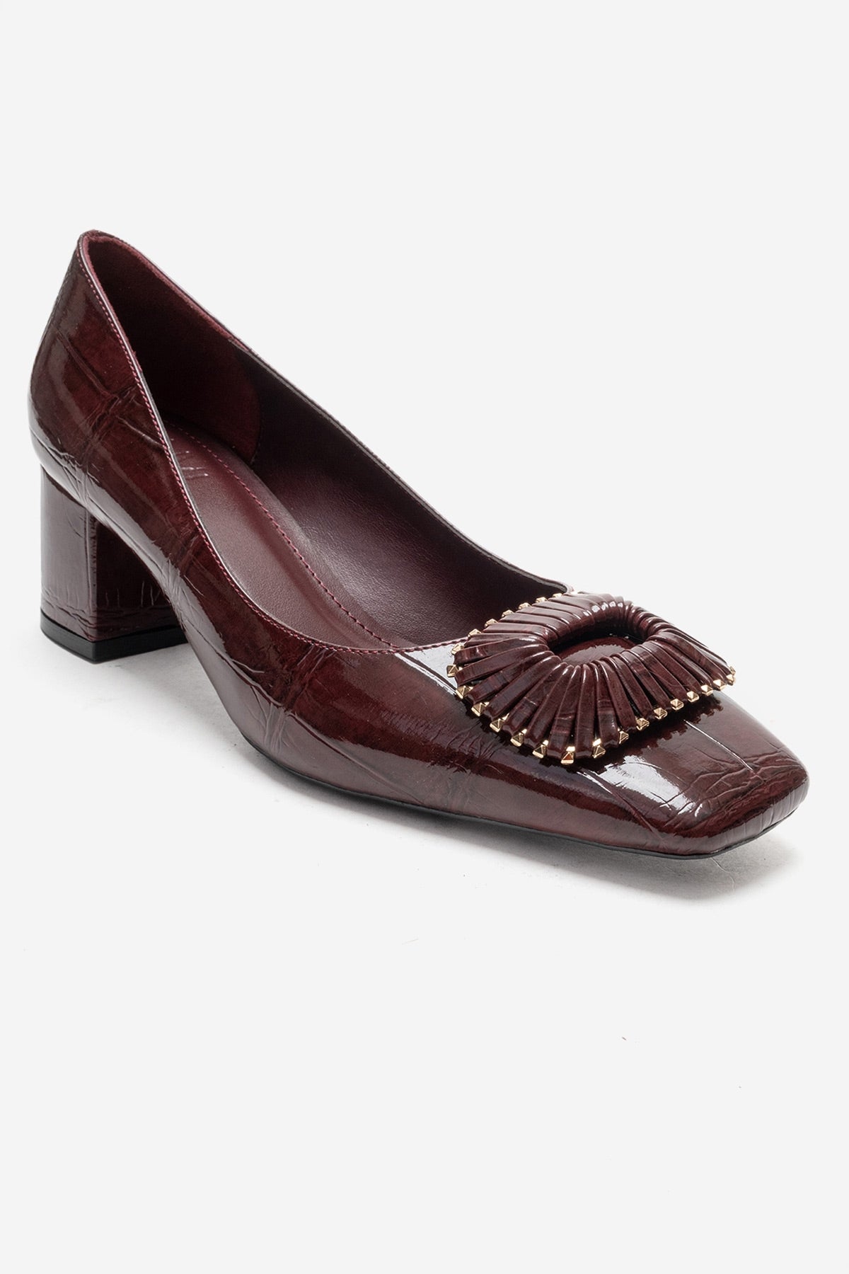 VELORA - Burgundy Buckled Block Heel Shoe – detail view showing leather, Vowalisse