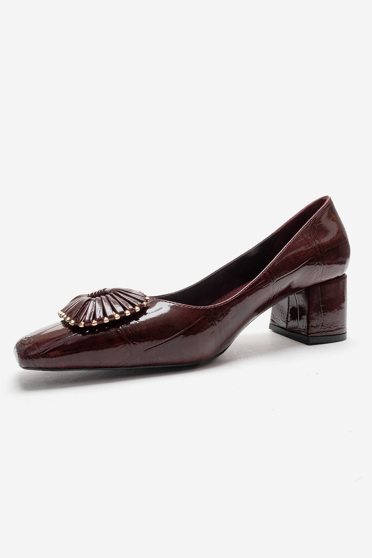VELORA - Burgundy Buckled Block Heel Shoe – top view showing leather, Vowalisse