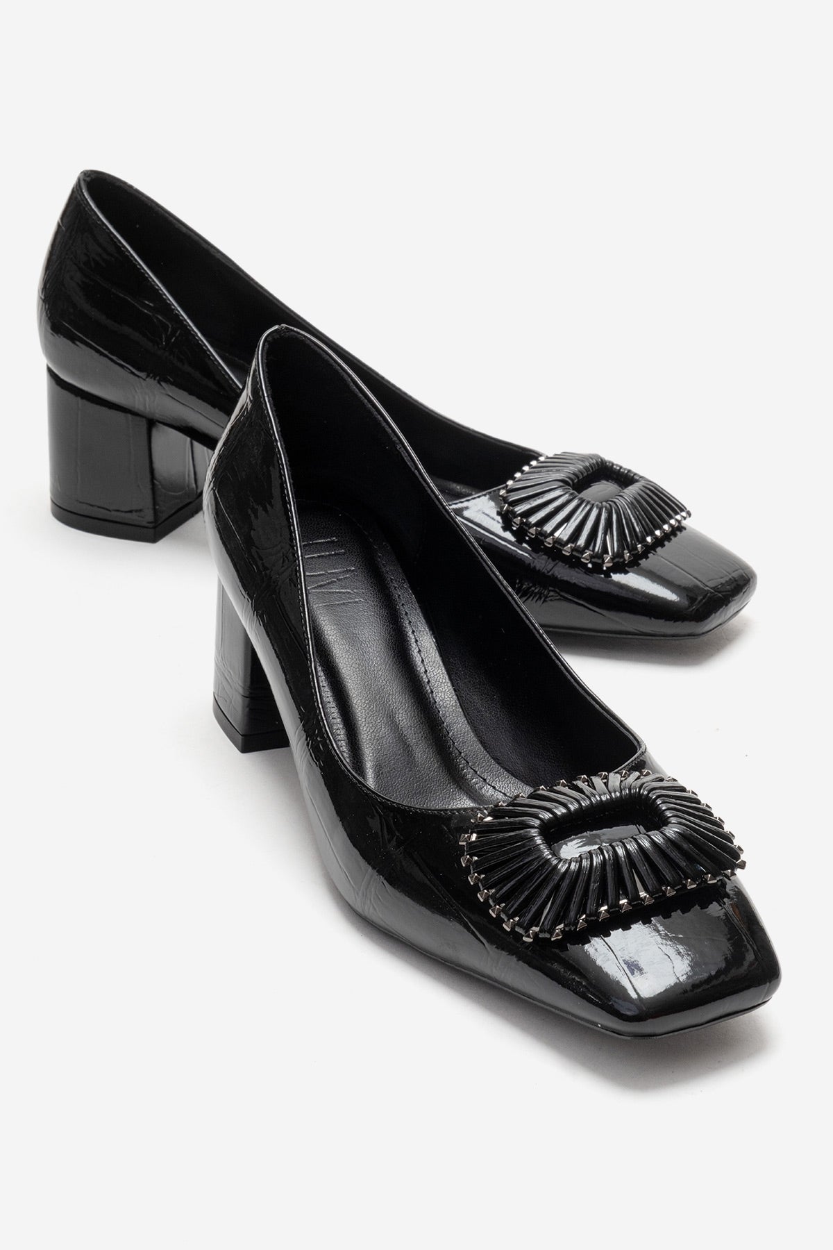VELORA - Black Buckled Block Heel Shoe – front three-quarter view showing leather, black, Vowalisse