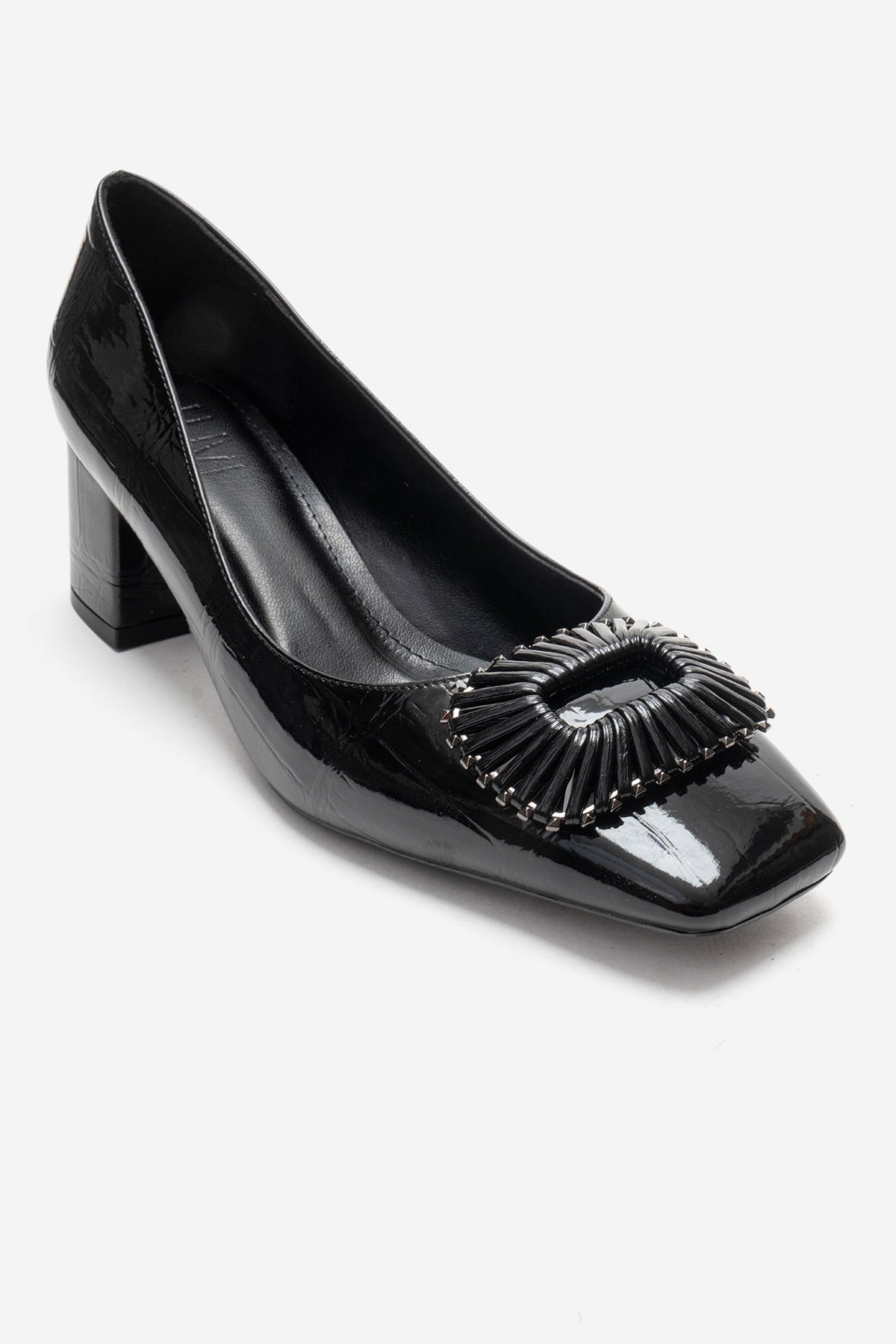 VELORA - Black Buckled Block Heel Shoe – detail view showing leather, black, Vowalisse