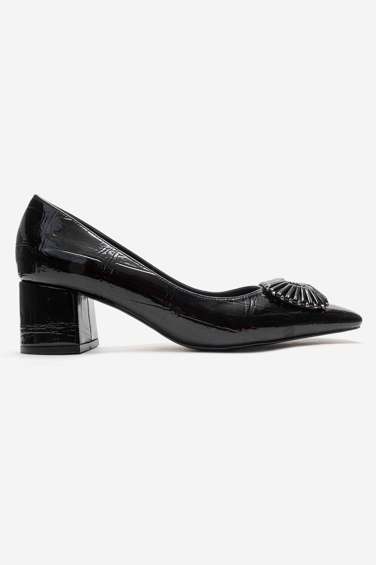 VELORA - Black Buckled Block Heel Shoe – heel view showing leather, black, Vowalisse