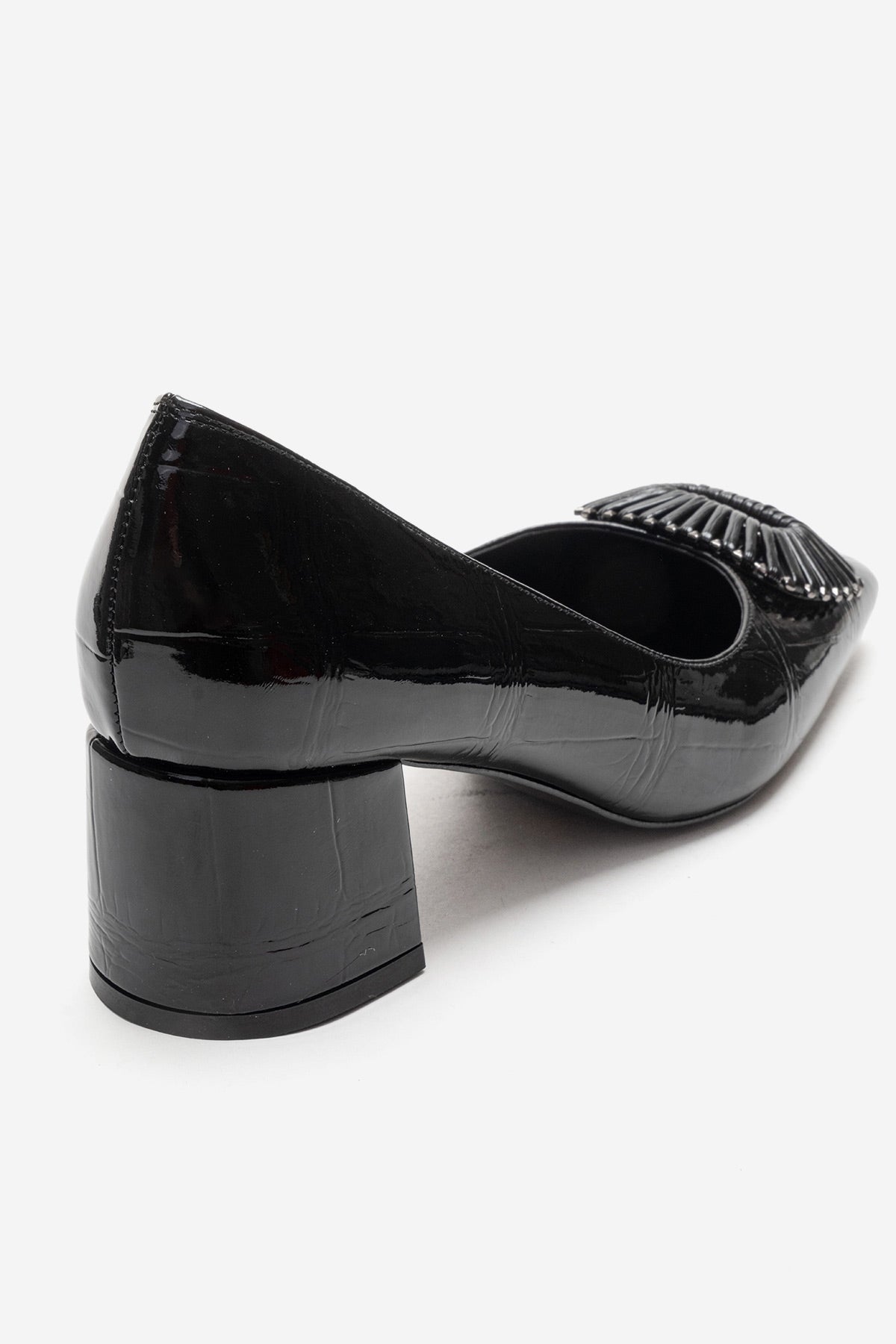 VELORA - Black Buckled Block Heel Shoe – back view showing leather, black, Vowalisse