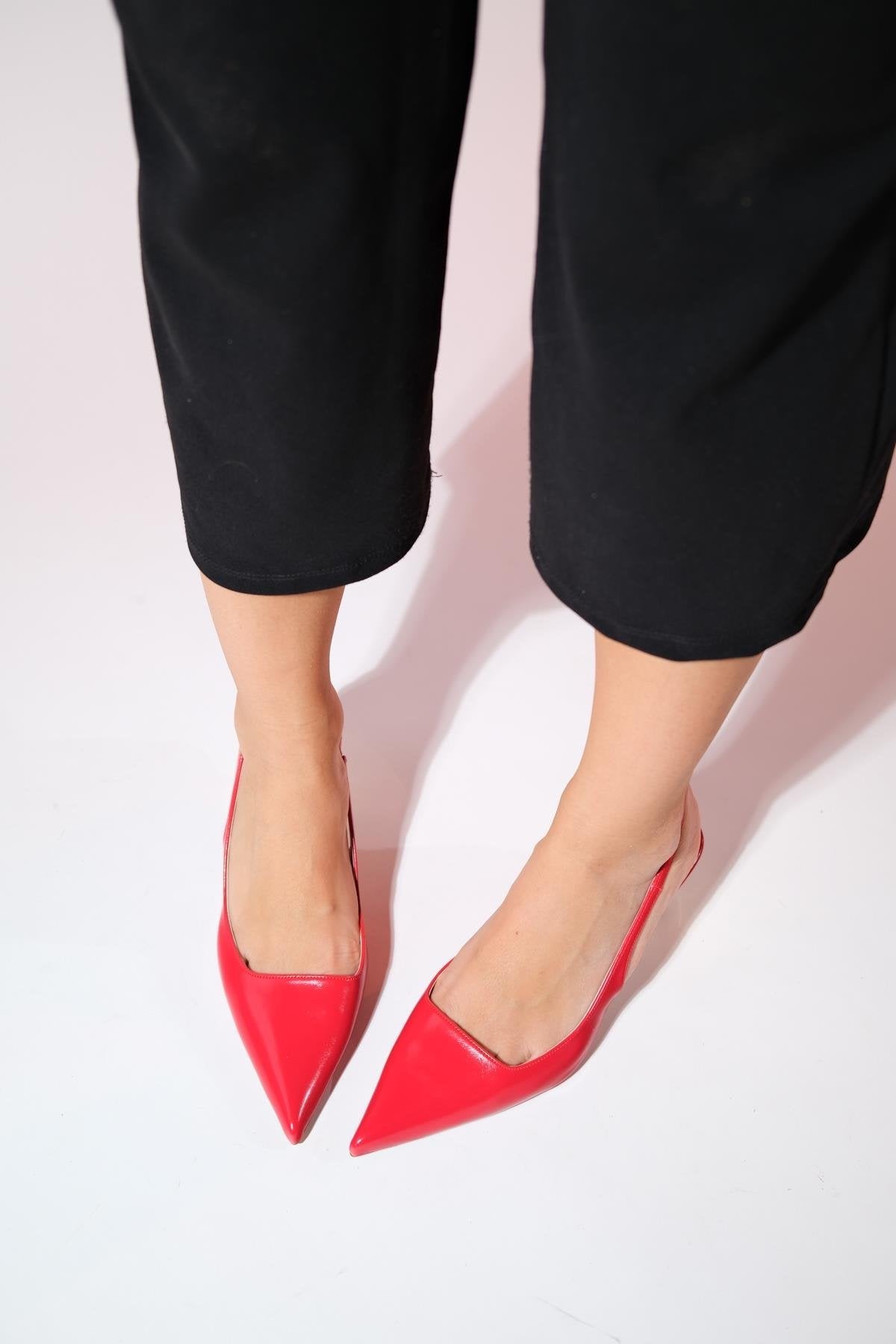 Marten - Red Pointed Toe Slingback Stiletto – side view showing leather, red, Vowalisse
