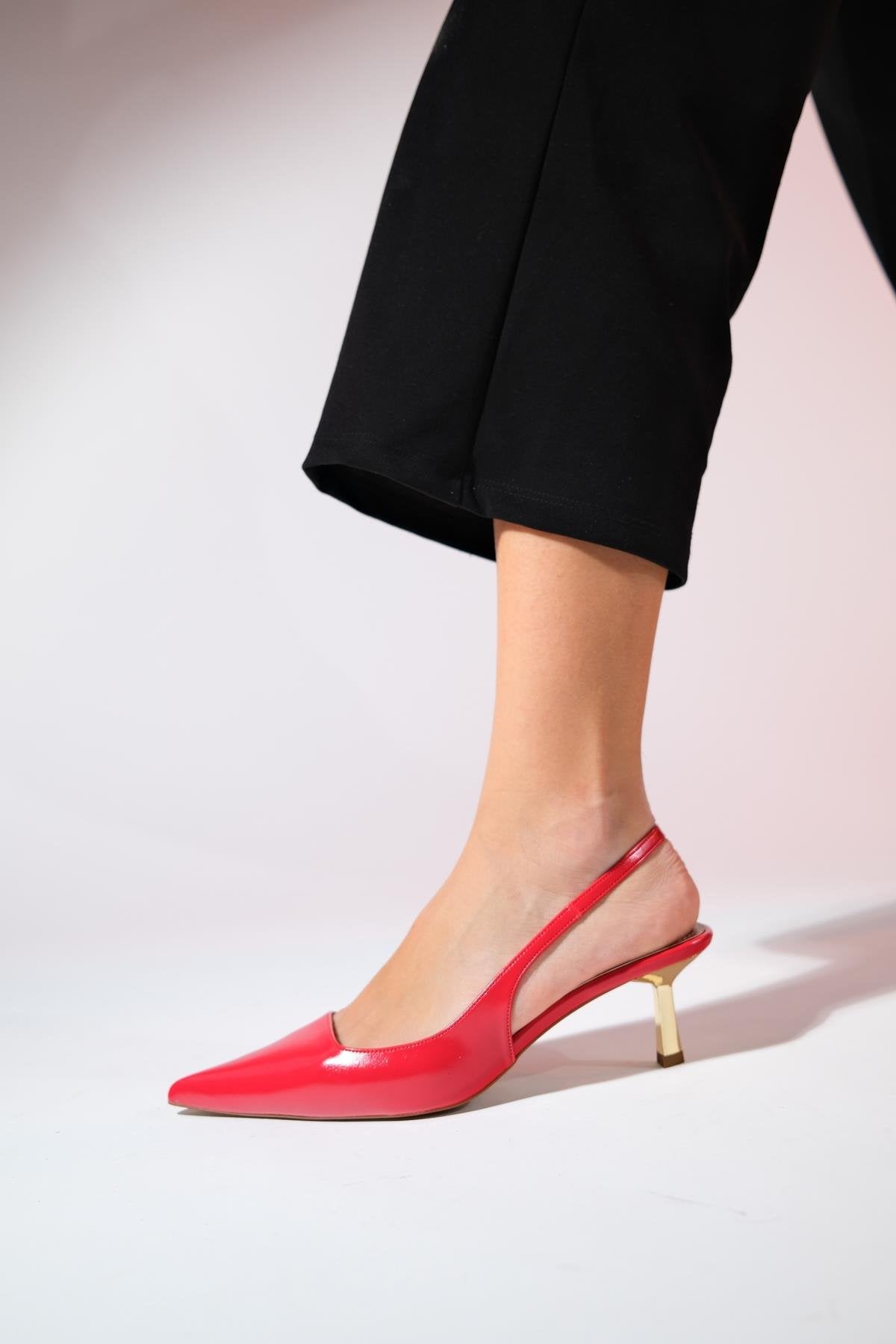 Marten - Red Pointed Toe Slingback Stiletto – detail view showing leather, red, Vowalisse