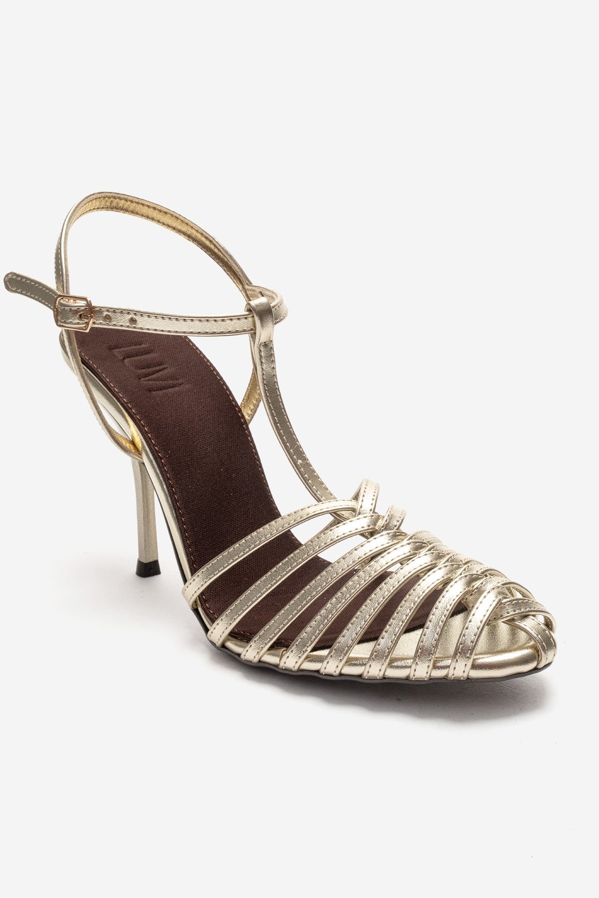 PASION - Gold Stiletto Pump – detail view showing leather, metallic, gold, Vowalisse