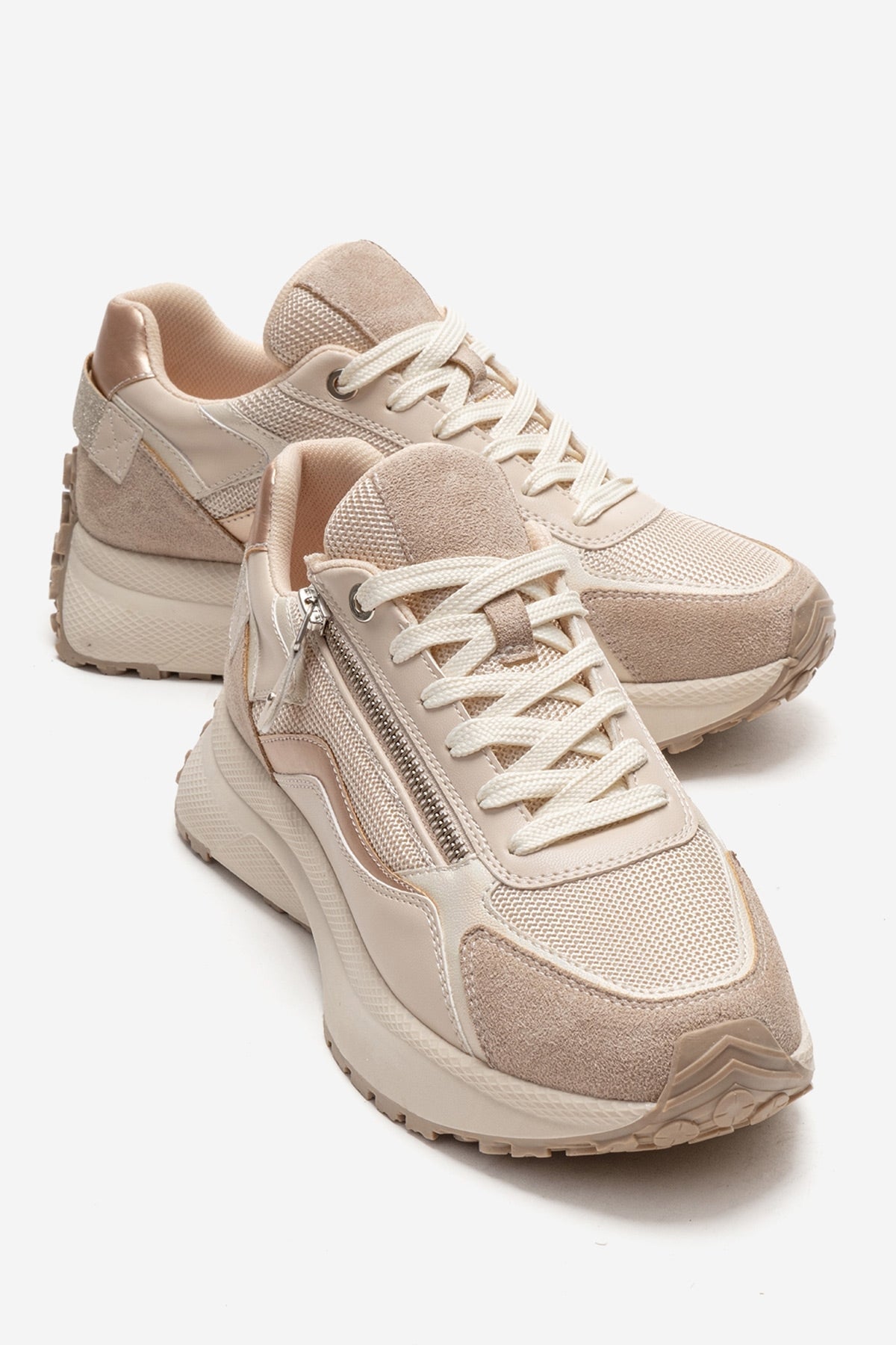 ROCCA - Beige Zip-Detail Genuine Leather Sneaker – front three-quarter view showing leather, Vowalisse